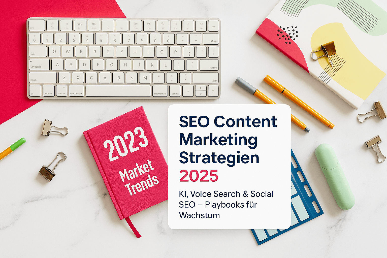 alt="Tastatur und Notizbuch mit dem Titel '2023 Market Trends' sowie einem Zettel mit der Aufschrift 'SEO Content Marketing Strategien 2025: KI, Voice Search & Social SEO – Playbooks für Wachstum' auf einem Schreibtisch, umgeben von Schreibutensilien und Büroklammern.