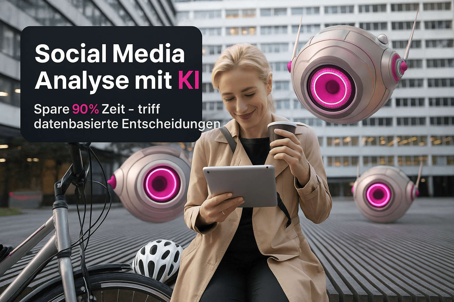 Frau in einem modernen urbanen Umfeld, die auf einem Tablet liest und eine Kaffeetasse hält, während futuristische KI-Objekte in der Nähe schweben. Text über Social Media Analyse mit KI und dem Versprechen, 90% Zeit zu sparen und datenbasierte Entscheidungen zu treffen.