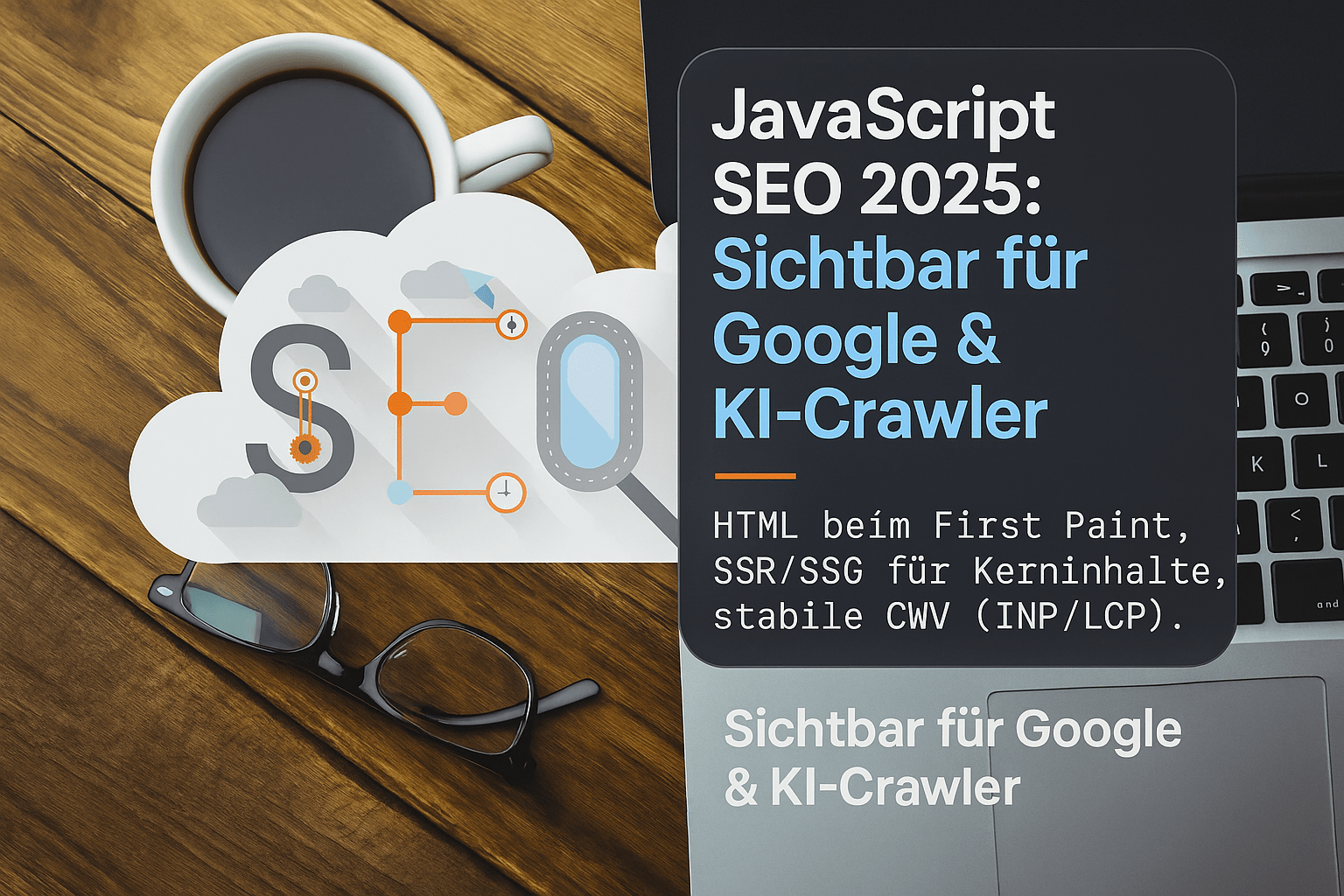 JavaScript SEO 2025: Grafische Darstellung von SEO-Strategien mit einem Kaffee und einer Brille auf einem Holztisch. Der Text beschleunigt die Sichtbarkeit für Google und KI-Crawler durch HTML-Optimierung beim First Paint sowie serverseitiges Rendering (SSR/SSG) für Kerninhalte und stabile Core Web Vitals (INP/LCP).