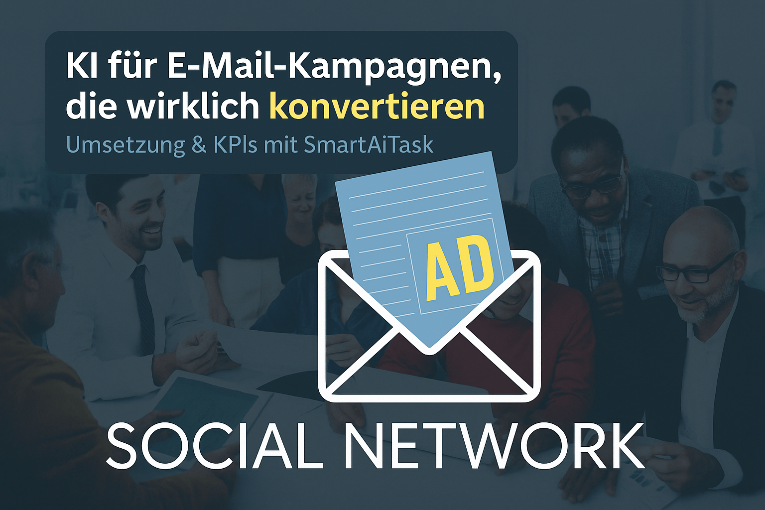 KI für E-Mail-Kampagnen, die wirklich konvertieren. Umsetzung und KPI-Optimierung mit SmartAiTask, dargestellt durch eine Gruppe von Menschen, die zusammenarbeiten.