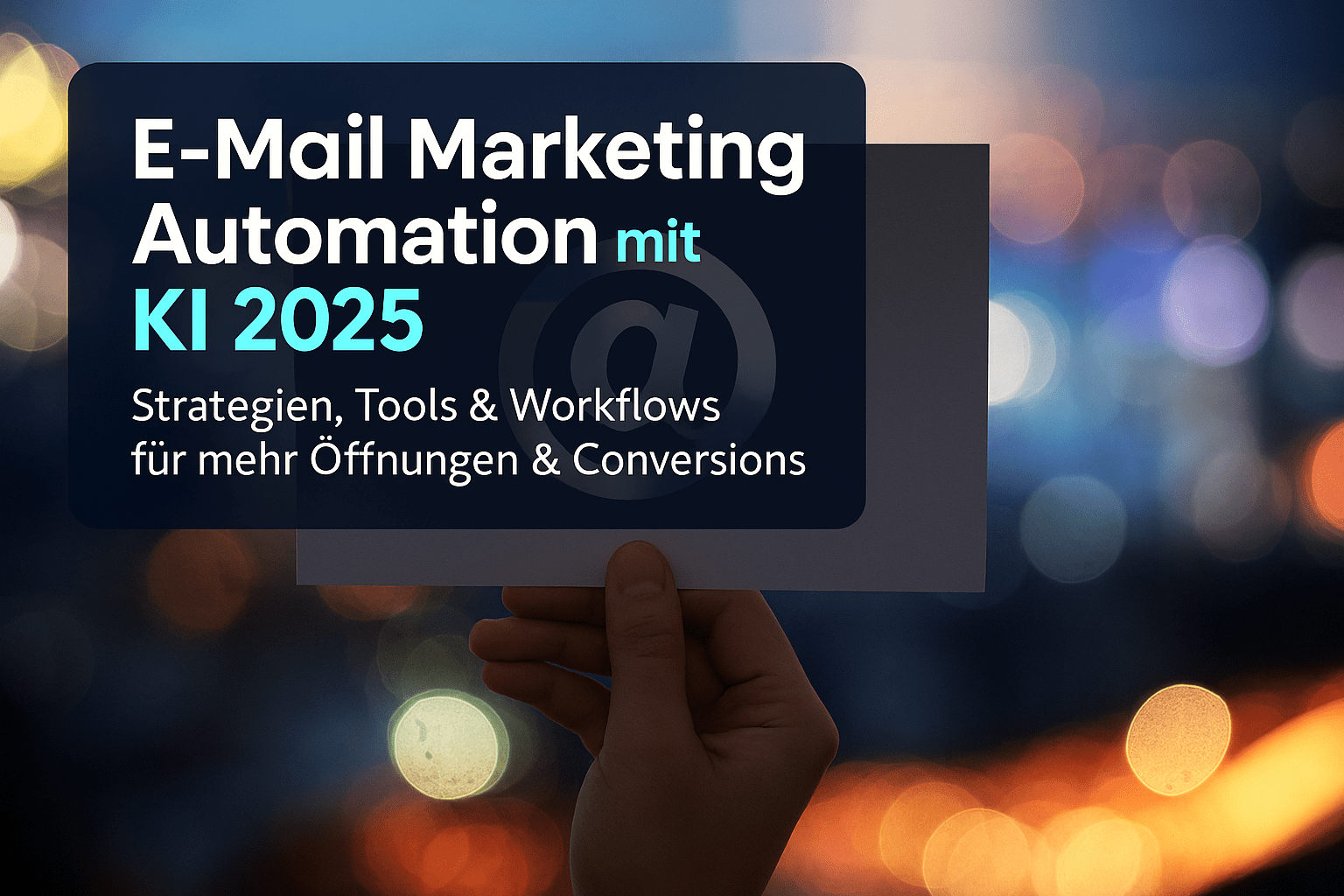 E-Mail Marketing Automation mit KI für 2025, Darstellung von Strategien, Tools und Workflows zur Steigerung von Öffnungen und Conversions, Hand hält ein Informationsblatt mit einem stilisierten @-Symbol im Hintergrund verschwommene Lichter.