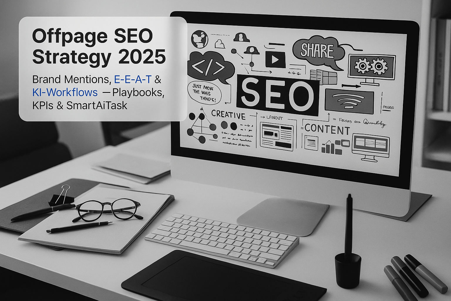 Bild eines Schreibtisches mit einem Monitor, auf dem Inhalte zur Offpage SEO-Strategie 2025 zu sehen sind. Auf dem Bildschirm sind Begriffe wie "SEO", "Brand Mentions", "E-E-A-T" und "KI-Workflows" abgebildet. Auf dem Tisch liegen eine Brille, ein Notizblock, ein Stift und ein Tablet.