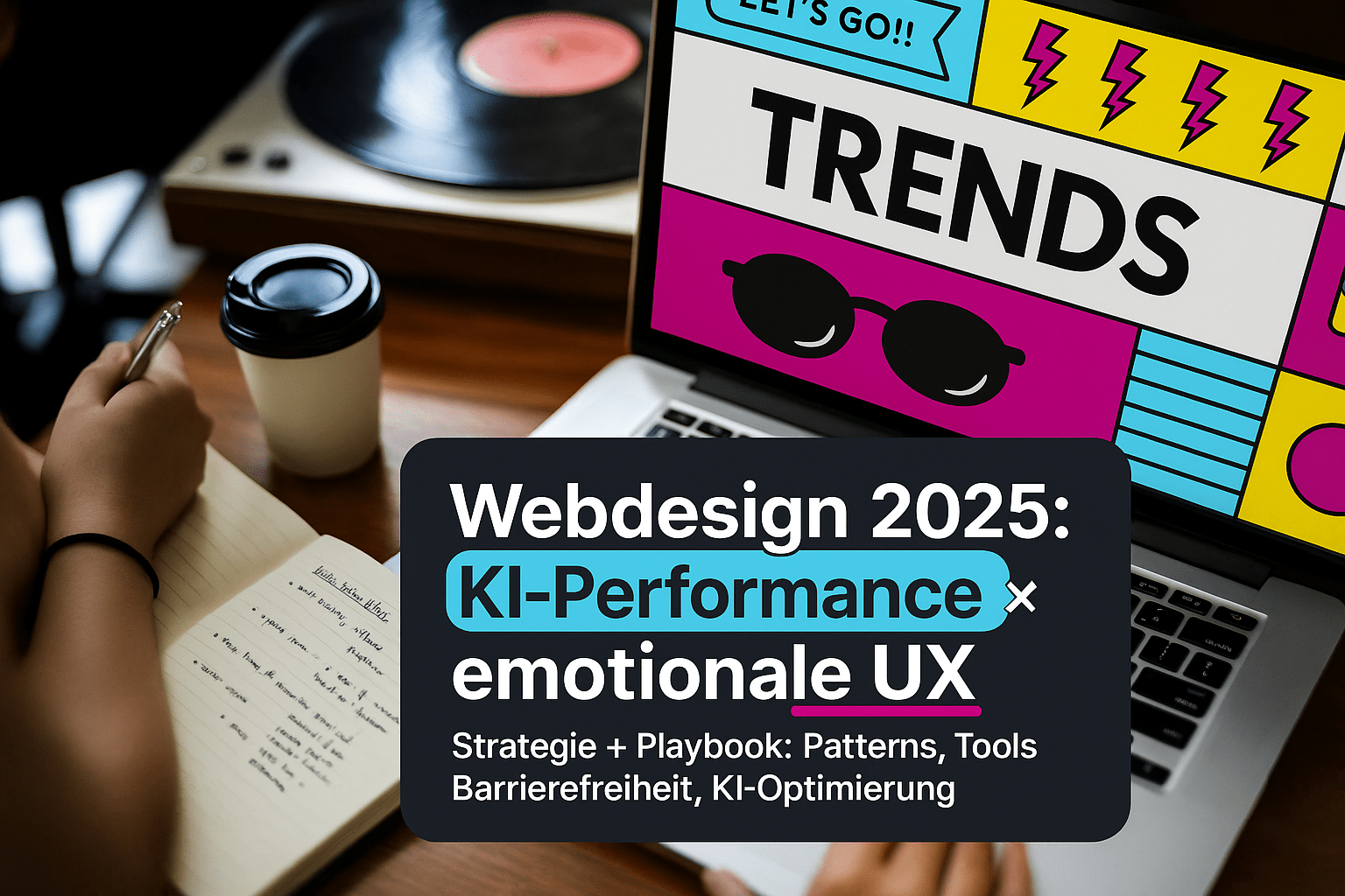 Webdesign-Trends 2025 mit Fokus auf KI-Performance und emotionaler Nutzererfahrung, unterstützt durch Notizen und kreativen Prozess am Laptop, umsetzbare Strategien und Playbooks.