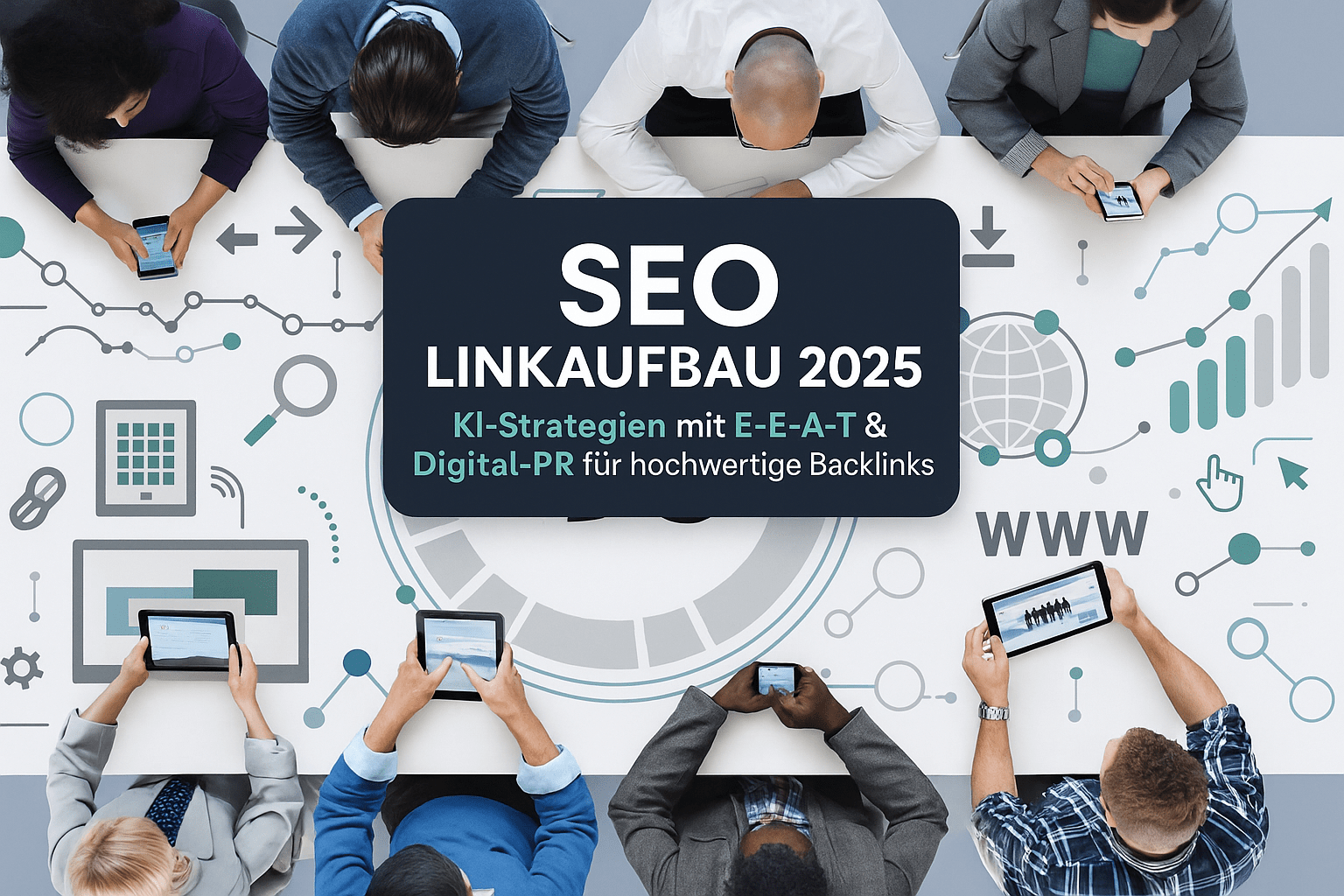 Personen an einem Tisch nutzen Tablets und Smartphones, während sie gemeinsam eine Grafik zum Thema SEO Linkaufbau 2025 mit KI-Strategien, E-E-A-T und Digital-PR betrachten.