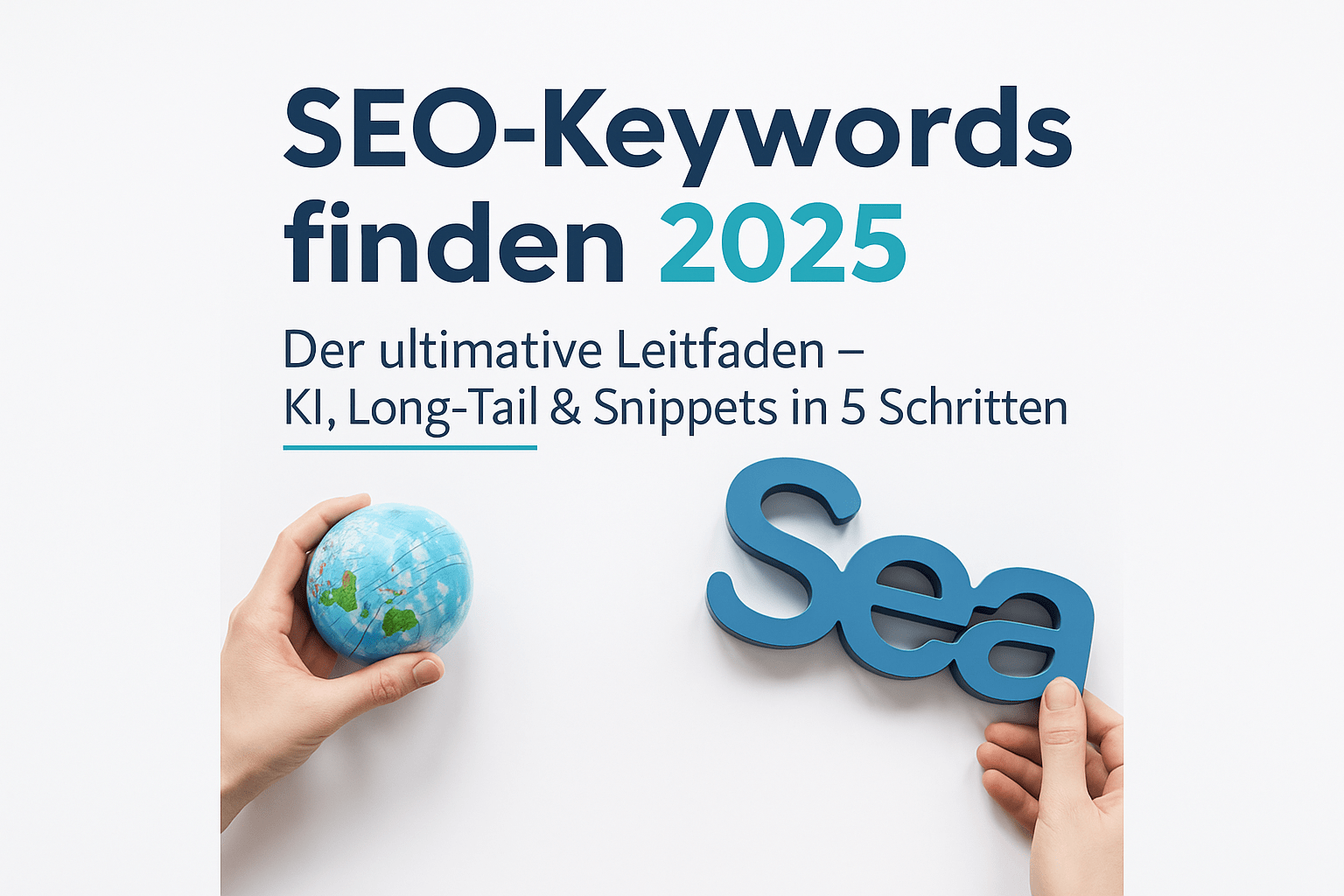 alt="Hand hält einen Globus, während eine andere Hand den Schriftzug 'Sea' in blauer Farbe präsentiert. Darüber steht der Titel 'SEO-Keywords finden 2025' und eine Unterzeile, die auf einen Leitfaden über KI, Long-Tail und Snippets hinweist.