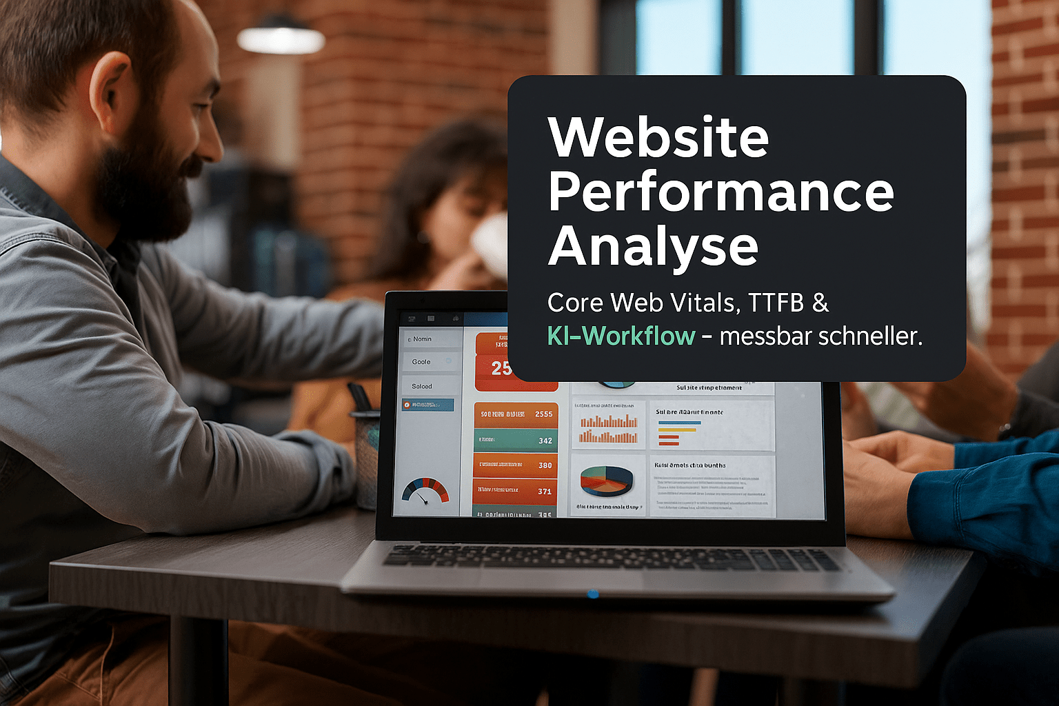 Laptop auf einem Tisch zeigt eine Website-Performance-Analyse mit Diagrammen und Metriken; zwei Personen diskutieren im Hintergrund.
