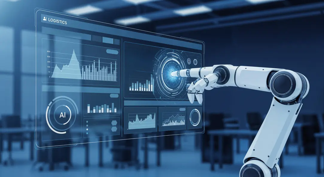 Roboterarm interagiert mit einem digitalen Dashboard, das Leistungsdaten und Analysen im Bereich Logistik anzeigt. Die Benutzeroberfläche ist in einem futuristischen Design gehalten, mit statistischen Grafiken und einer KI-Symbolisierung. Die Szene vermittelt den Einsatz von KI zur Automatisierung und Optimierung von Performance-Analysen in Unternehmensumgebungen.