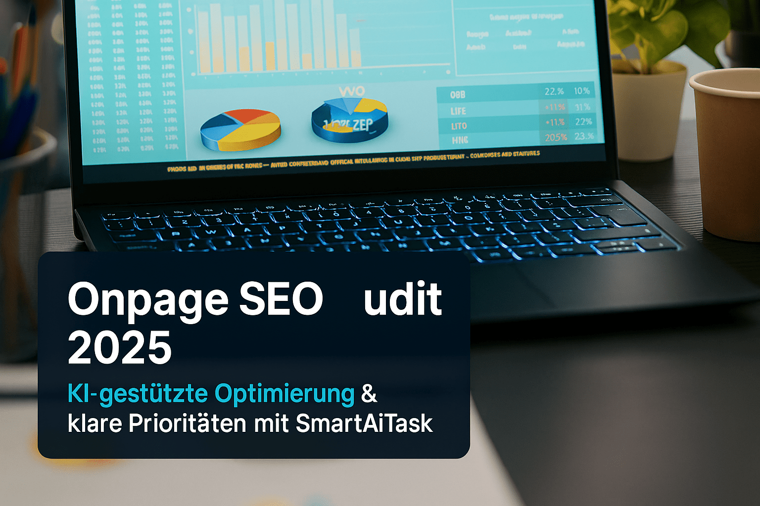 Laptop mit Onpage SEO Audit 2025 auf dem Bildschirm, grafische Datenanalysen und Diagramme in einem modernen Workspace, KI-gestützte Optimierung mit SmartAiTask, Fokus auf klare Prioritäten.