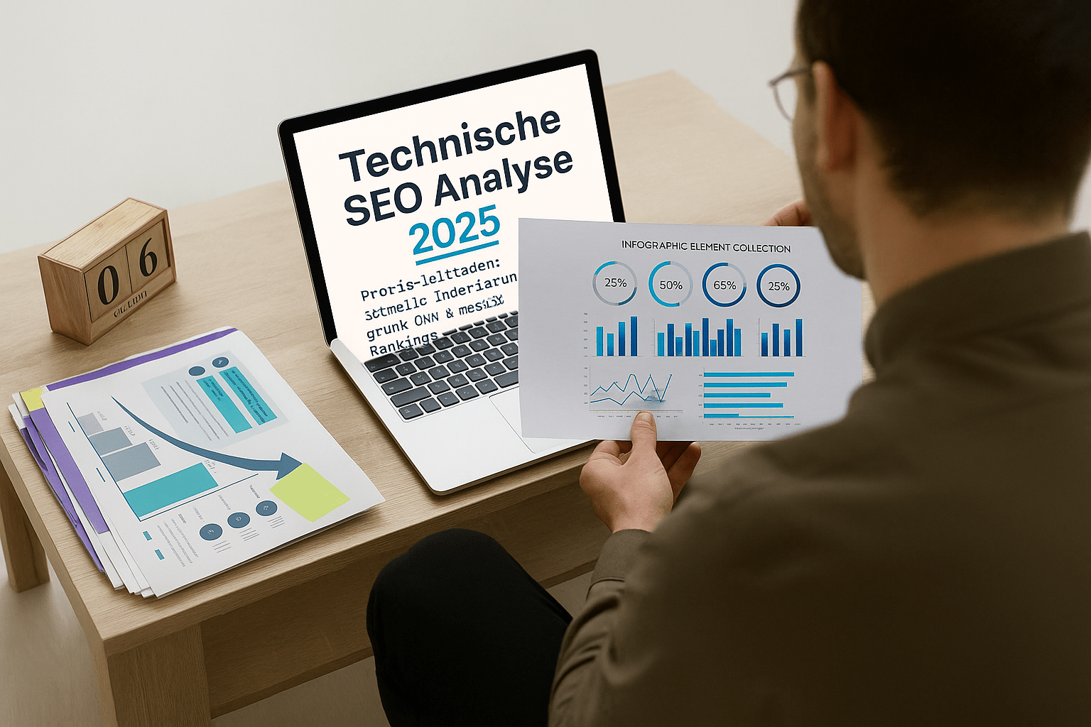 Person hält ein Dokument mit Diagrammen und Statistiken vor einem Laptop, auf dem der Titel "Technische SEO Analyse 2025" angezeigt wird, während auf einem Tisch organisatorische Unterlagen und ein Kalender liegen.