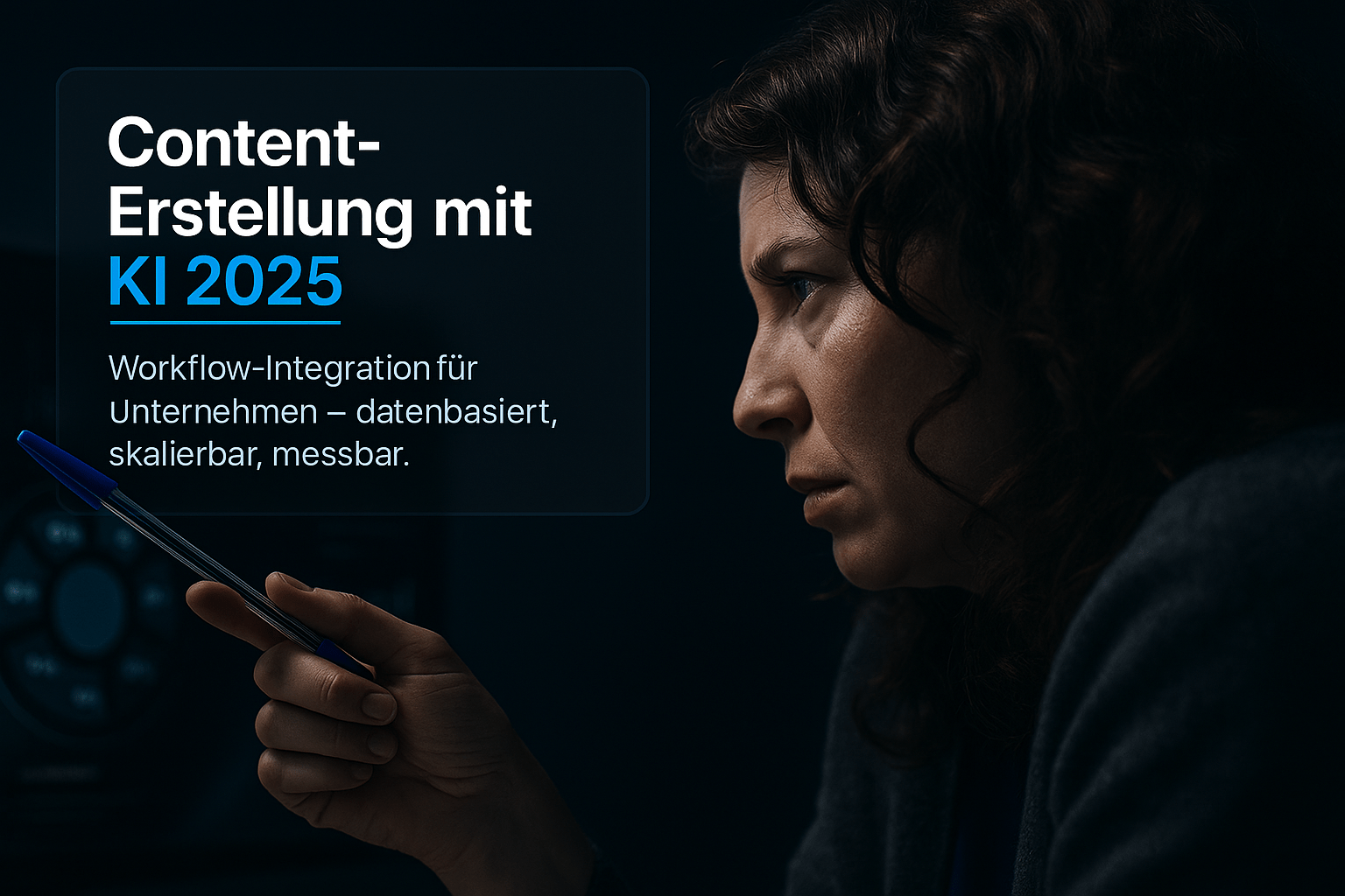 Frau mit Stift, die nachdenklich auf einen Bildschirm mit dem Titel „Content-Erstellung mit KI 2025“ schaut, während Informationen zur Workflow-Integration für Unternehmen sichtbar sind.