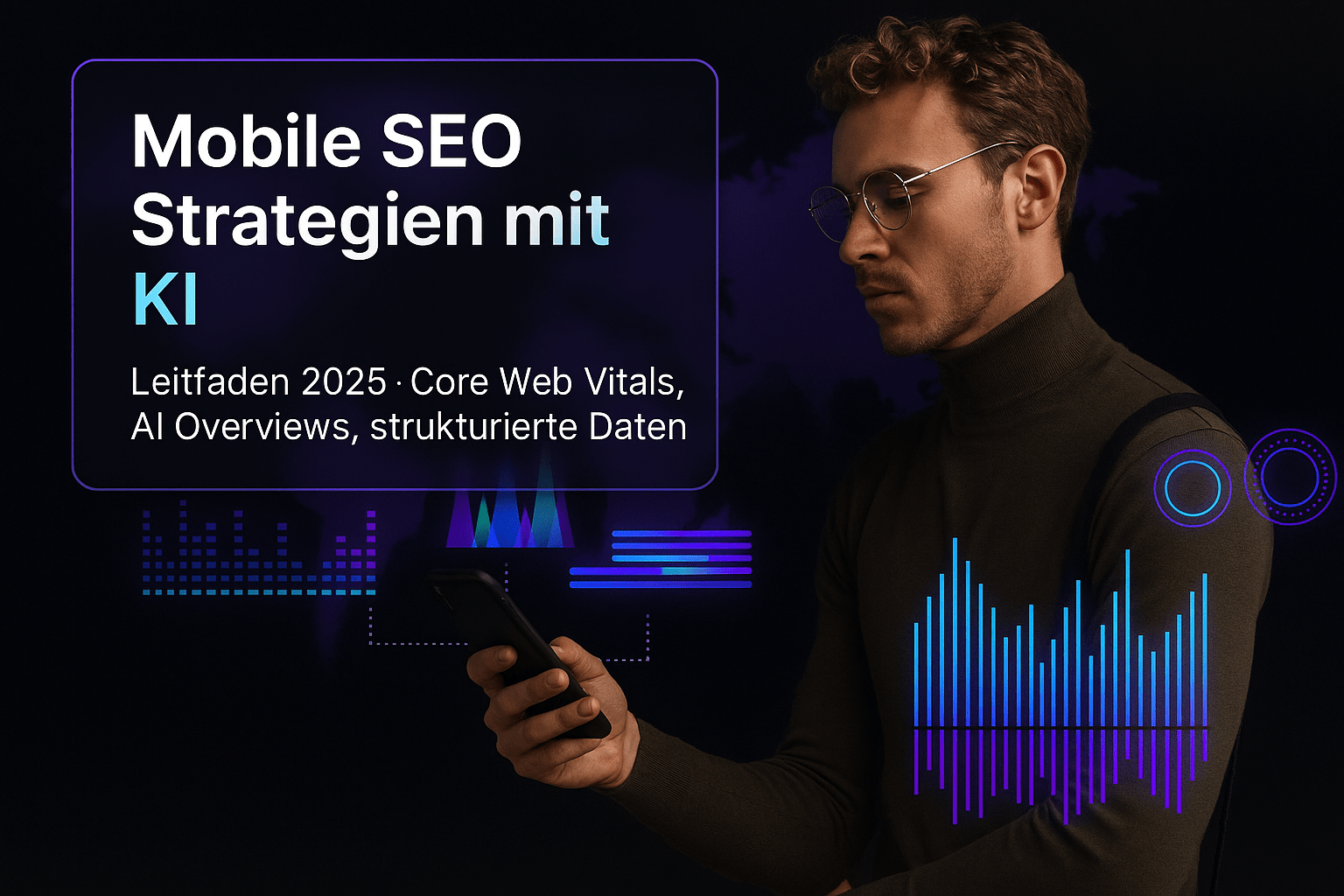 Eine Person in einem dunklen Pullover hält ein Smartphone und betrachtet Informationen zu mobilen SEO Strategien mit KI, umgeben von grafischen Elementen und Diagrammen, die Datenvisualisierungen darstellen.
