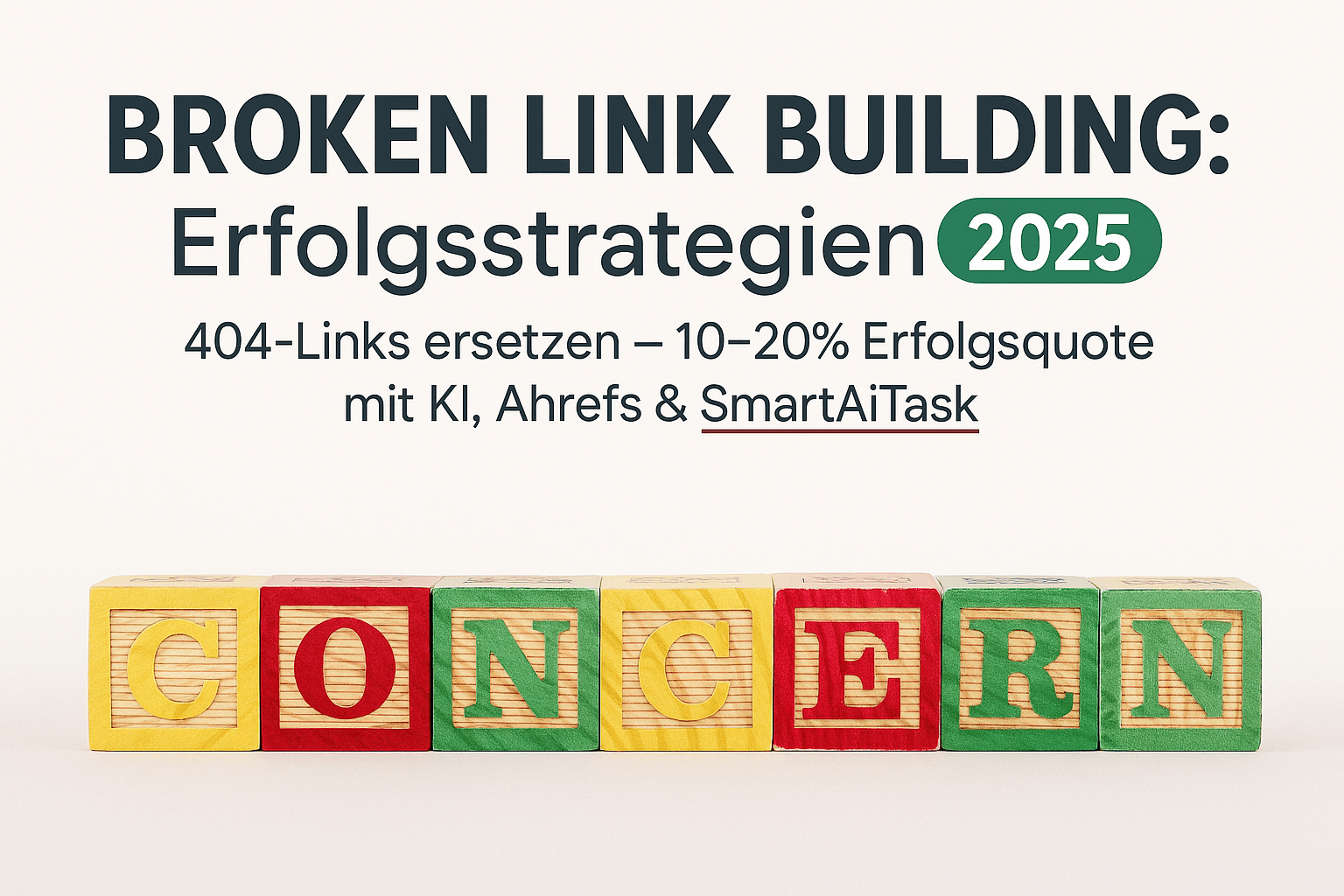 Schriftzug "Broken Link Building: Erfolgsstrategien 2025" mit Hinweis auf 404-Links und KI-gestützte Tools, ergänzt durch Holzbuchstaben, die das Wort "CONCERN" bilden.