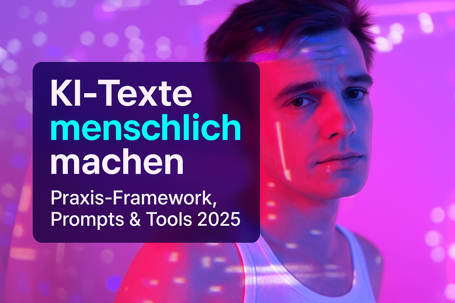Mann mit ernstem Gesichtsausdruck vor farbigem, beleuchtetem Hintergrund; Text auf dem Bild thematisiert KI-gestützte Texterstellung für 2025.