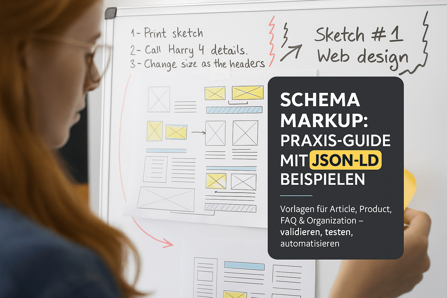 Person betrachtet an einer weißen Tafel skizzierte Webdesign-Layouts mit Notizen zu Schema Markup und JSON-LD Beispielen.