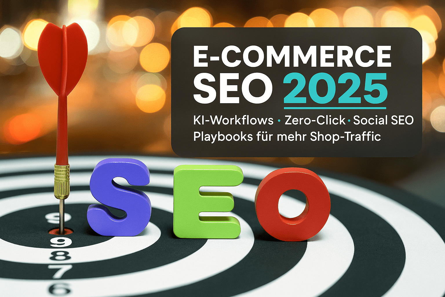 E-Commerce SEO 2025: Rote Dartscheibe mit Pfeil, bunte Buchstaben „SEO“ und verschwommener Hintergrund für erhöhte Sichtbarkeit.