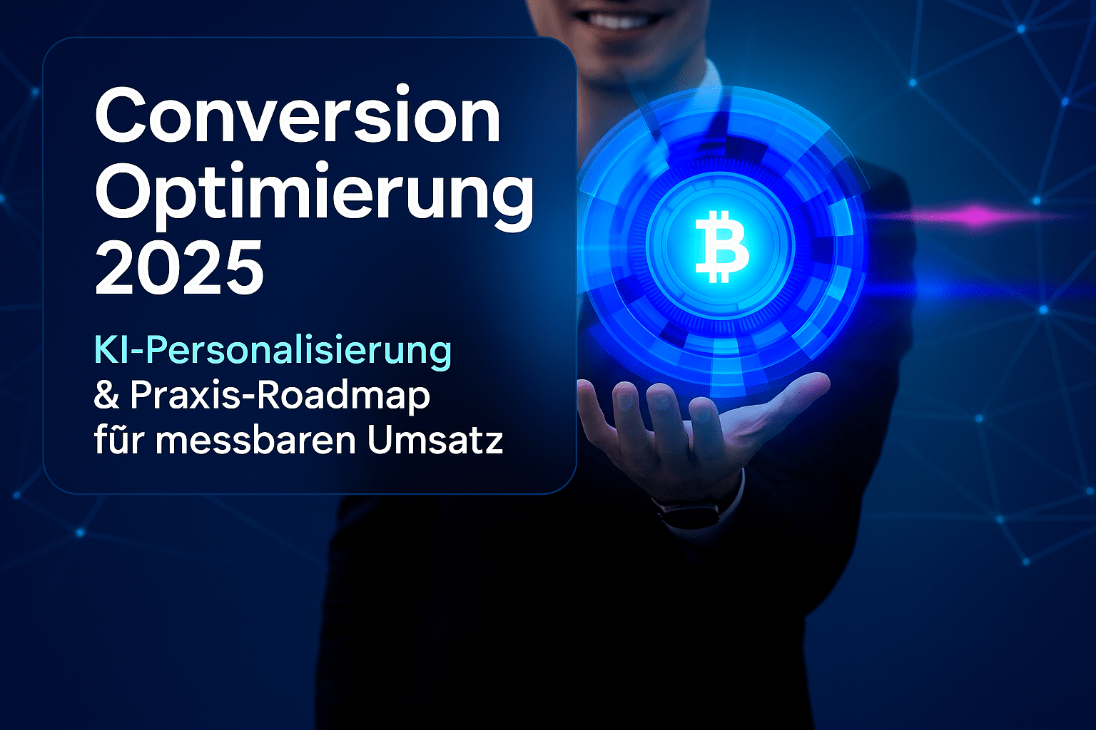 Bewegte Hand eines Mannes mit digitaler Darstellung eines blauen Bitcoin-Symbols und dem Titel "Conversion Optimierung 2025: KI-Personalisierung & Praxis-Roadmap für messbaren Umsatz".
