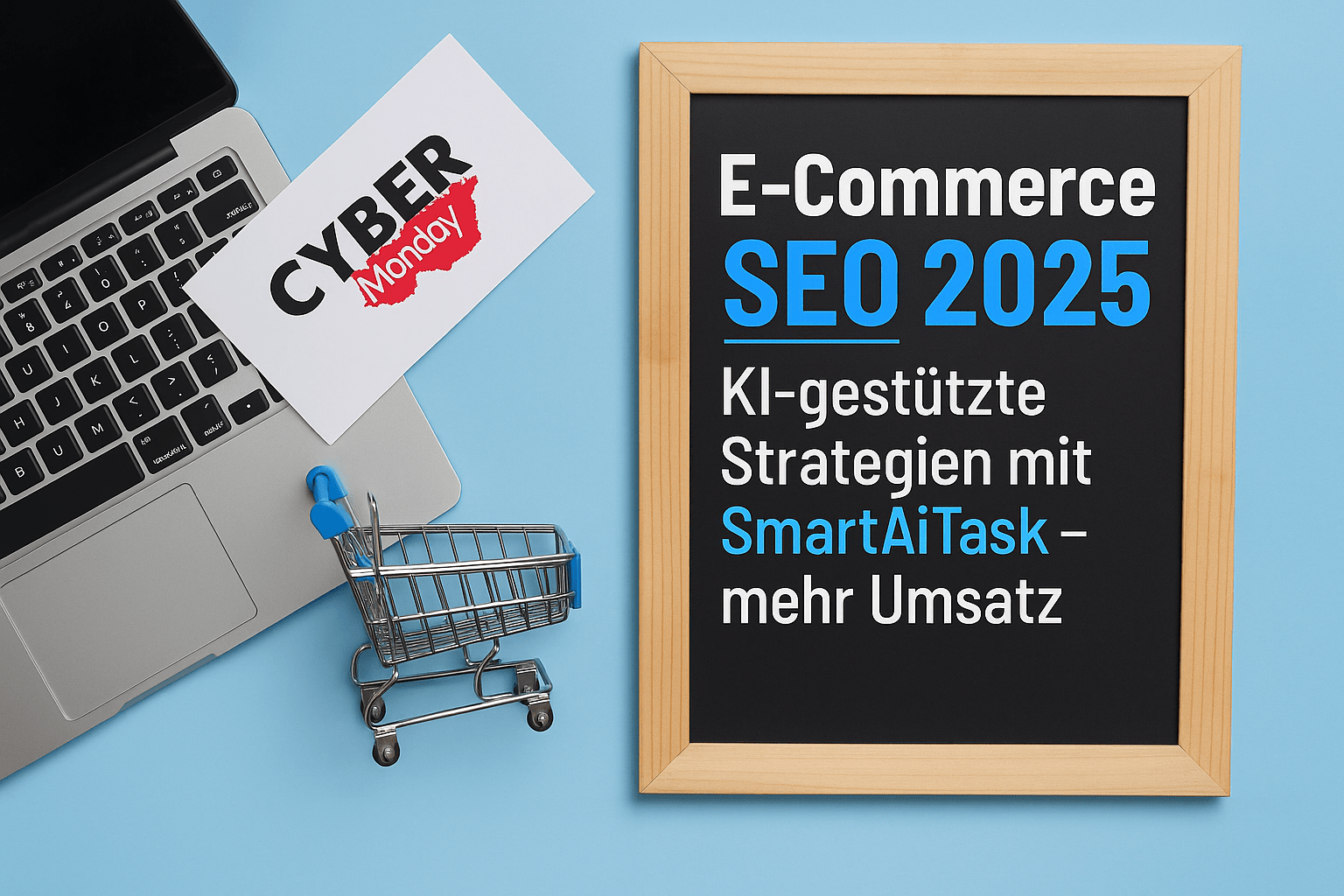 alt="Laptop mit geöffnetem Bildschirm, neben einem kleinen Einkaufwagen und einer Karte mit der Aufschrift 'CYBER Monday', Informationen zu E-Commerce SEO 2025 und KI-gestützten Strategien