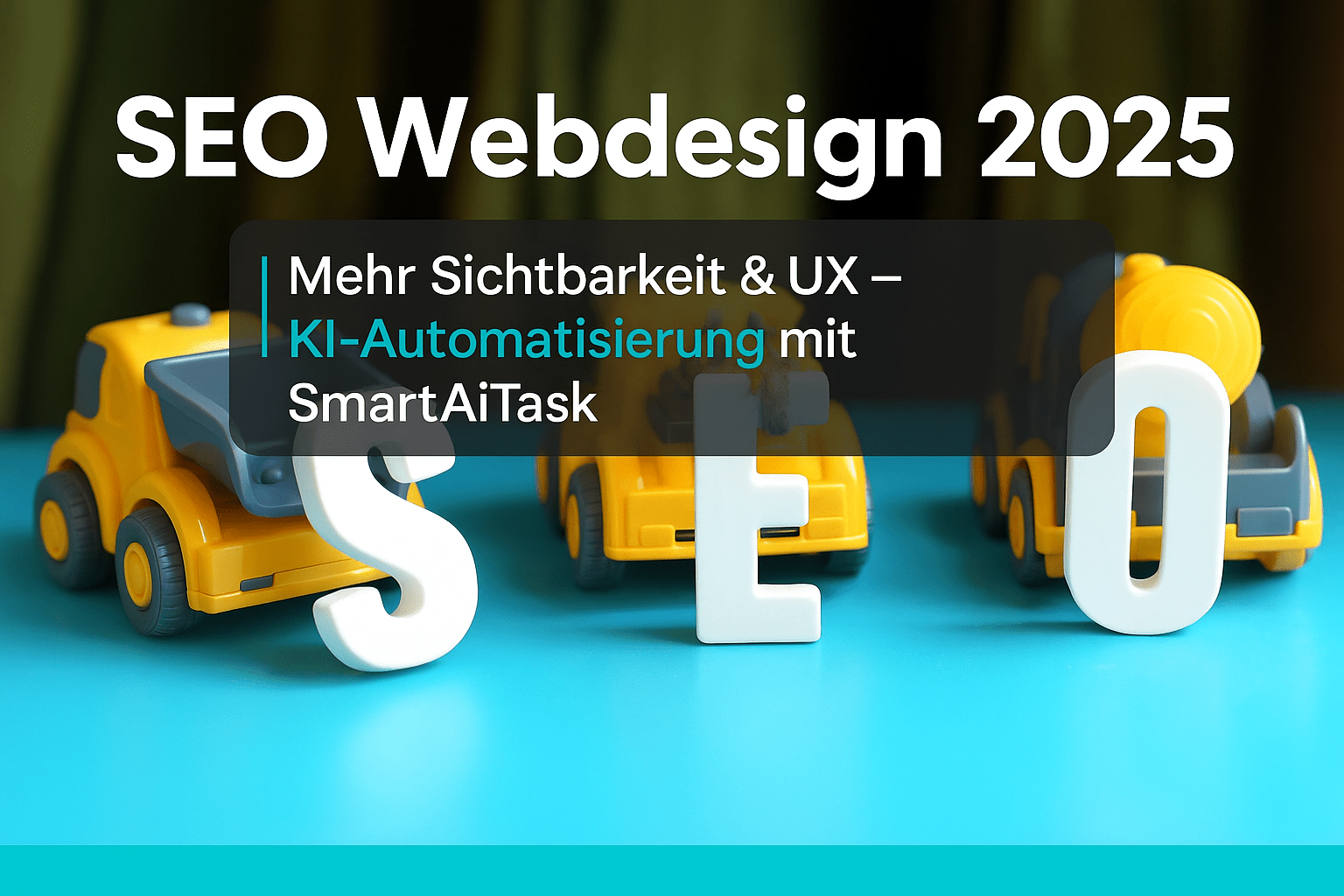 Bunte Buchstaben "SEO" vor gelben Spielzeugfahrzeugen auf einem blauen Tisch, mit dem Titel „SEO Webdesign 2025: Mehr Sichtbarkeit & UX – KI-Automatisierung mit SmartAiTask“ im Hintergrund.