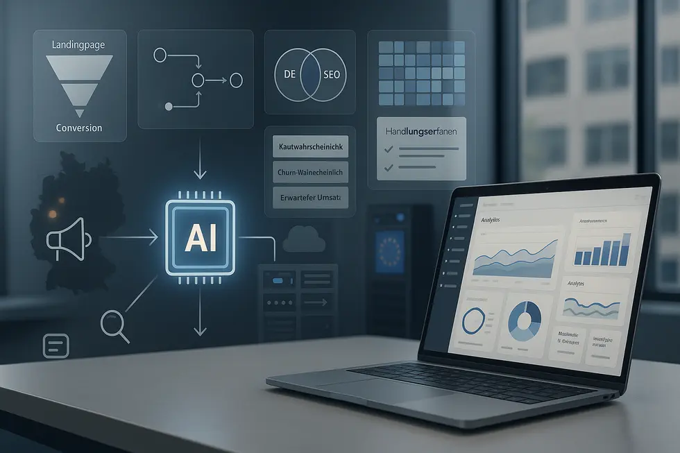 Isometrisches Flussdiagramm, das die Integration von GA4-Daten in ein KI-gestütztes Dashboard zeigt; Komponenten umfassen Conversion-Trichter, deutsche SEO-Strategien, prognostizierte Metriken wie Kauf- und Churn-Wahrscheinlichkeit sowie Handlungsempfehlungen; im Hintergrund ein Laptop mit Diagrammen und Grafiken zur Datenanalyse, die Technologien zur Datenverarbeitung und Server-Seite-Tagging für verbesserte Datenqualität darstellen.