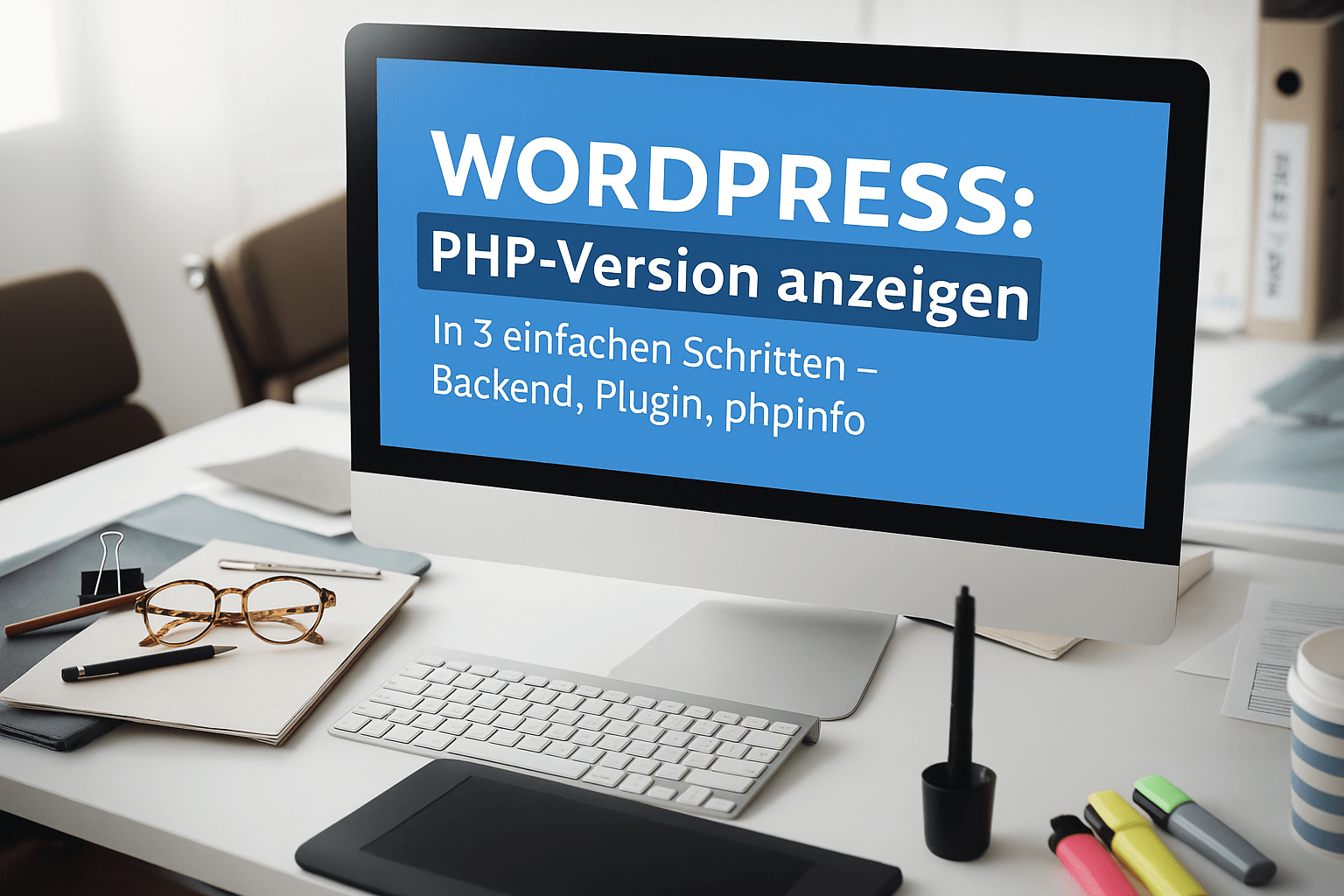 Monitor mit dem Text "WORDPRESS: PHP-Version anzeigen In 3 einfachen Schritten – Backend, Plugin, phpinfo" auf einem Schreibtisch mit Büroutensilien.