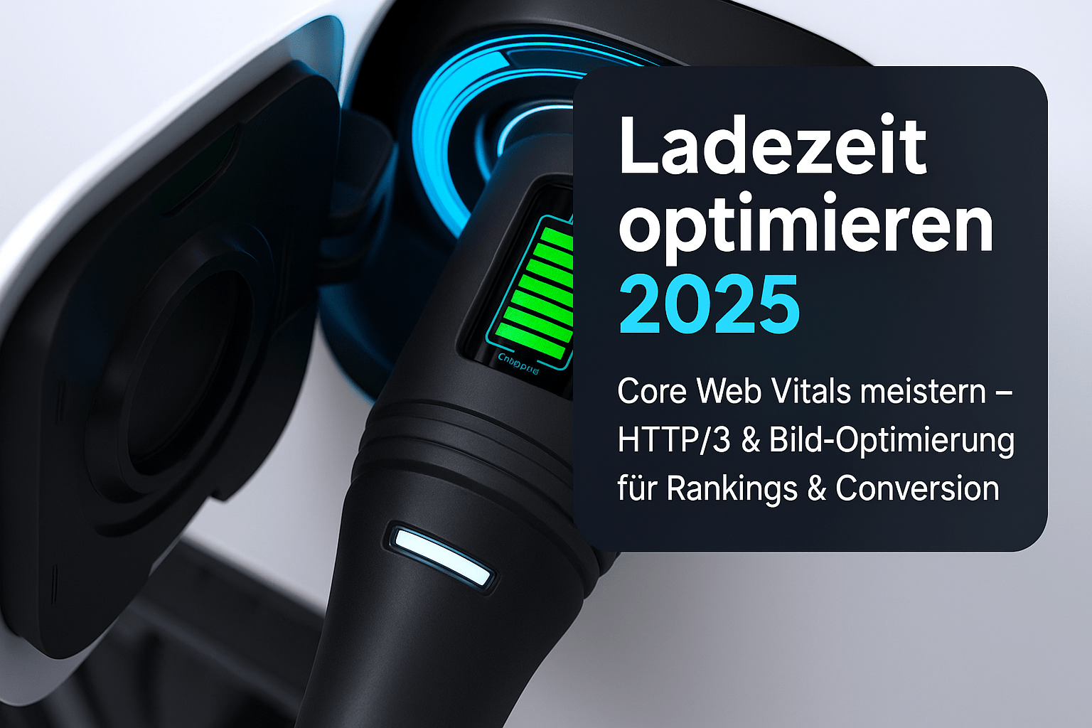 Ladegerät für Elektrofahrzeug mit Ladeanzeige und Text "Ladezeit optimieren 2025" sowie Hinweisen zu Core Web Vitals, HTTP/3 und Bild-Optimierung.