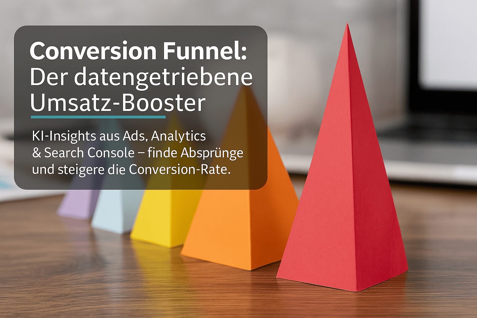 Graphische Darstellung eines Conversion Funnels mit bunten Papierpyramiden auf einem Holztisch, begleitet von Text, der die Vorteile von KI-Insights aus Ads, Analytics und Search Console hervorhebt, um Abbrüche zu identifizieren und die Conversion-Rate zu steigern.