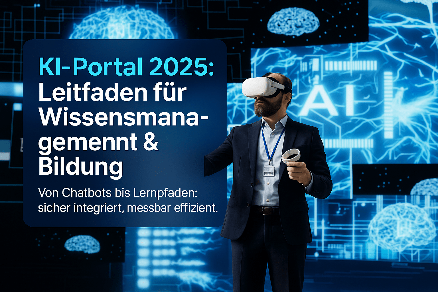 Mann mit Virtual-Reality-Brille in einem technologischen Umfeld, umgeben von Grafiken zu KI und Wissensmanagement. Der Text im Bild beschreibt einen Leitfaden für KI-Portale im Jahr 2025, der verschiedene Funktionen wie Chatbots und Lernpfade hervorhebt.