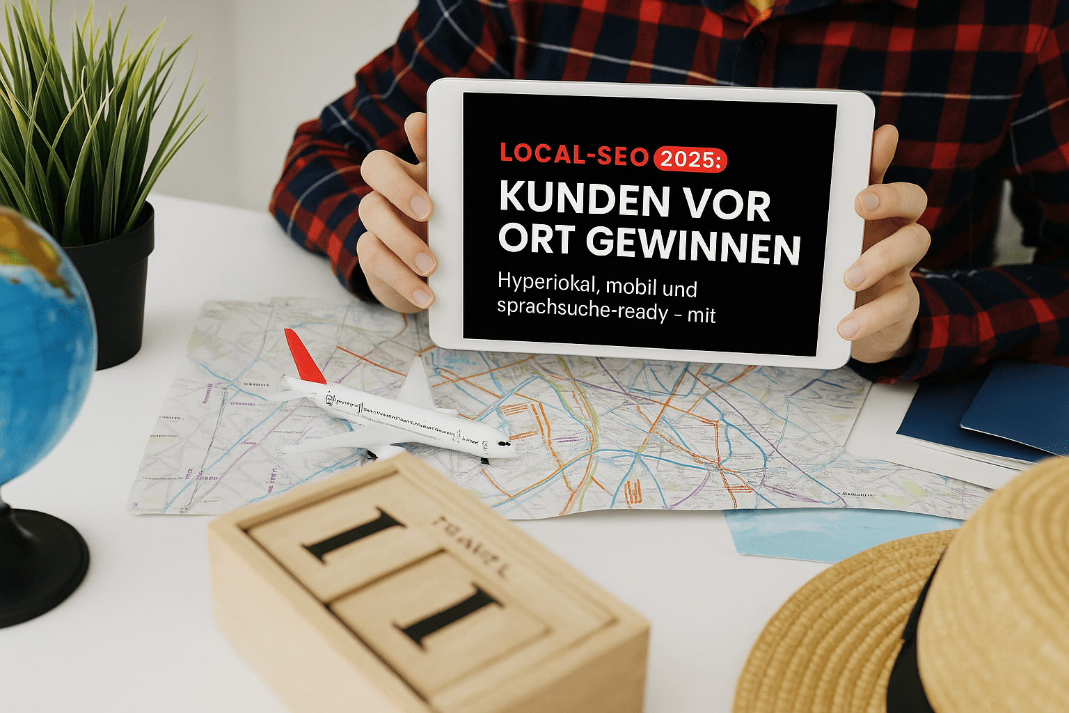 Tablet mit dem Titel "Local-SEO 2025: Kunden vor Ort gewinnen" steht auf einem Tisch, umgeben von einer Landkarte, einem Modellflugzeug, einer Globus-Dekoration und einem abgebildeten Sonnenhut.