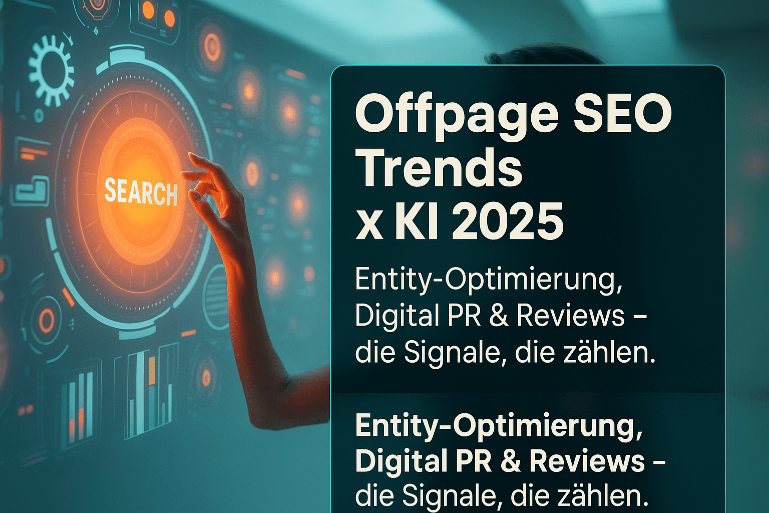 Offpage SEO Trends 2025: Interaktive Benutzeroberfläche mit dem Wort "SEARCH" und grafischen Elementen, die Entity-Optimierung und Digital PR darstellen.