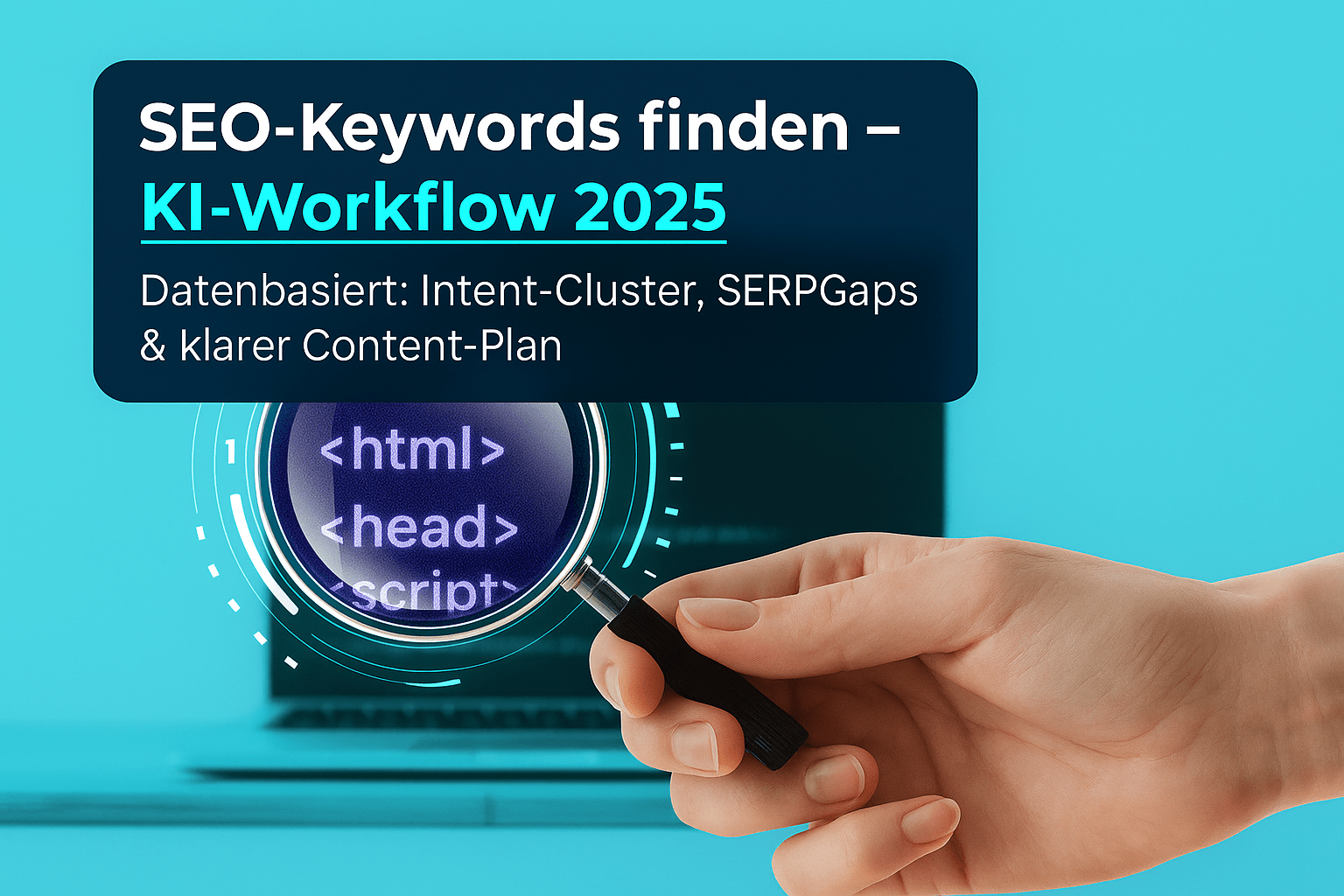 Hand hält einen USB-Stick vor einem Laptop-Bildschirm mit dem Text „SEO-Keywords finden – KI-Workflow 2025: Datenbasiert: Intent-Cluster, SERPGaps & klarer Content-Plan“ und HTML-Code.