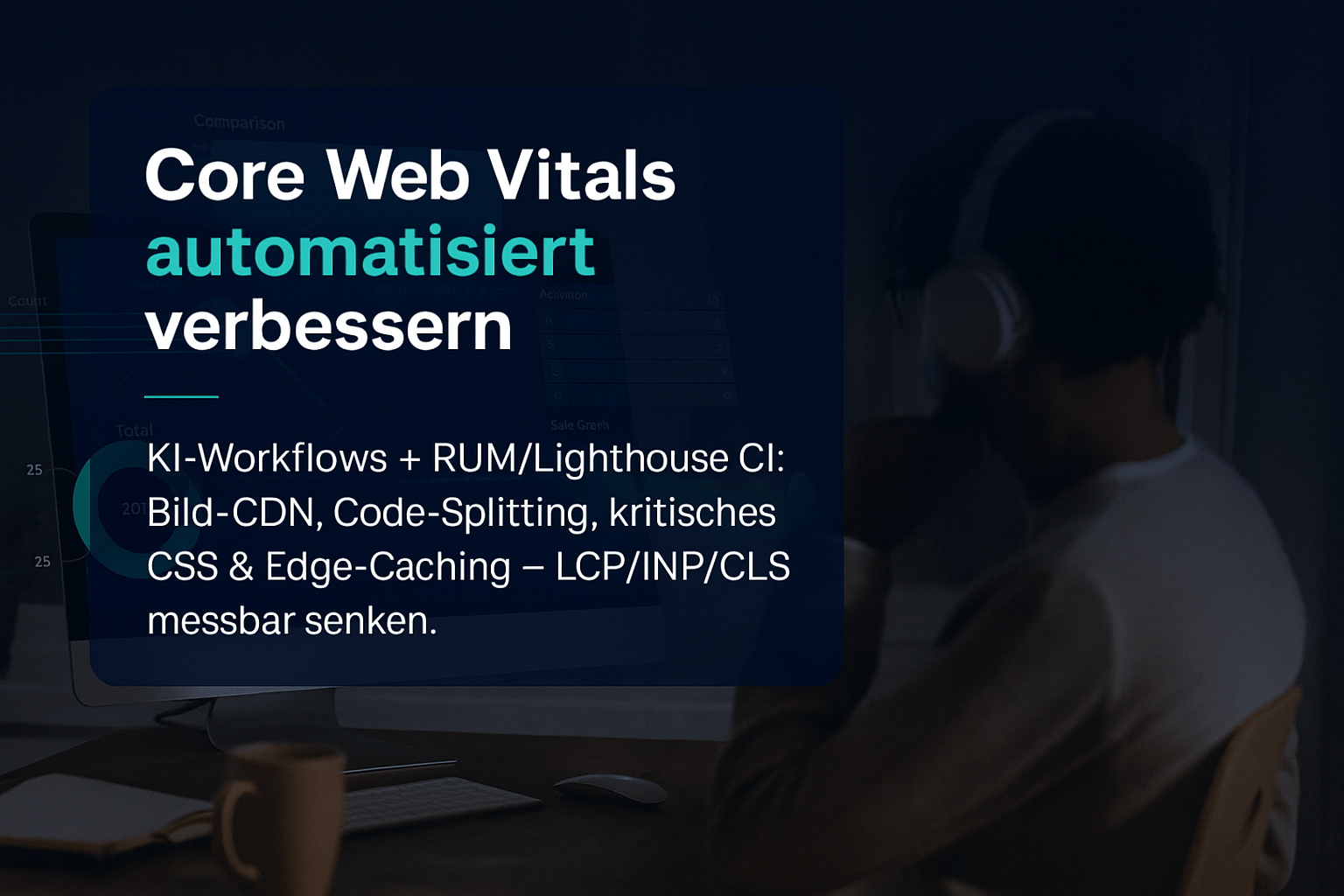 Alt="Infografik zu Core Web Vitals mit Text über Automatisierung, KI-Workflows und Performance-Optimierung für LCP, INP, CLS.