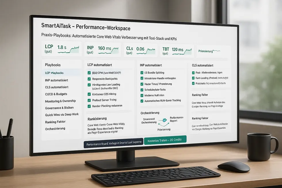 Isometrisches Diagramm eines SmartAiTask Performance-Workspaces zur automatisierten Verbesserung von Core Web Vitals, das wichtige Metriken wie LCP, INP, CLS und TBT anzeigt; enthält Playbooks, CI/CD-Strategien und Governance-Elemente; modern und übersichtlich gestaltet mit klaren Labels und intuitiven Icons.