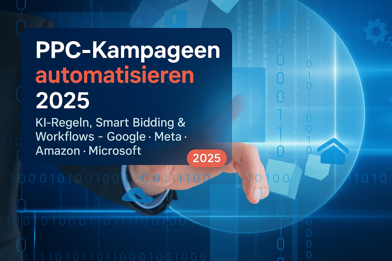Hand, die auf ein digitales Menü zeigt, mit dem Text "PPC-Kampagnen automatisieren 2025" und Symbolen für KI-Regeln, Smart Bidding und Plattformen wie Google, Meta, Amazon und Microsoft im Hintergrund.