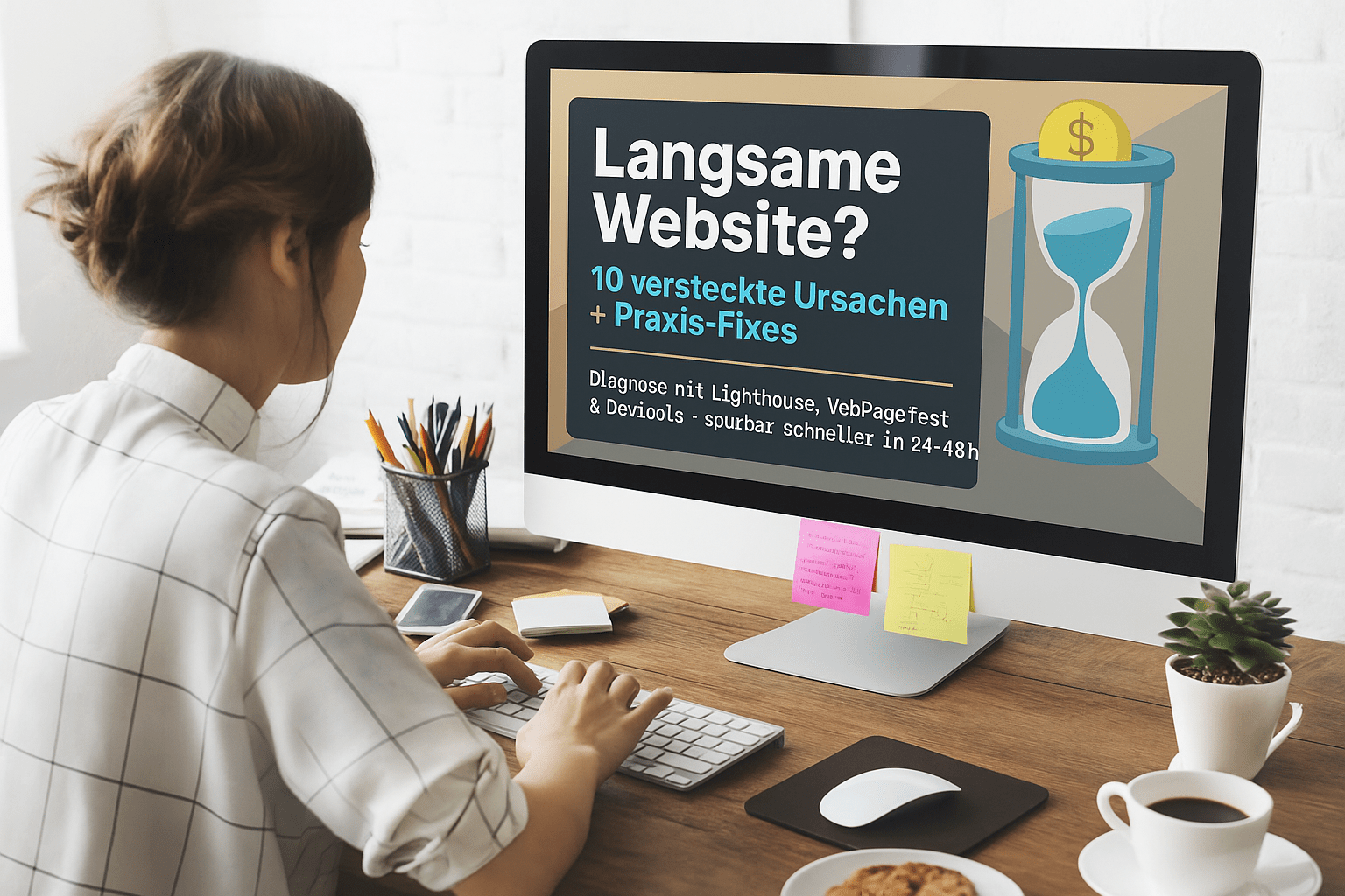 Person sitzt an einem Schreibtisch und betrachtet einen Computerbildschirm mit dem Titel "Langsame Website? 10 versteckte Ursachen + Praxis-Fixes", umgeben von Notizen, Stiften und einer Kaffeetasse.