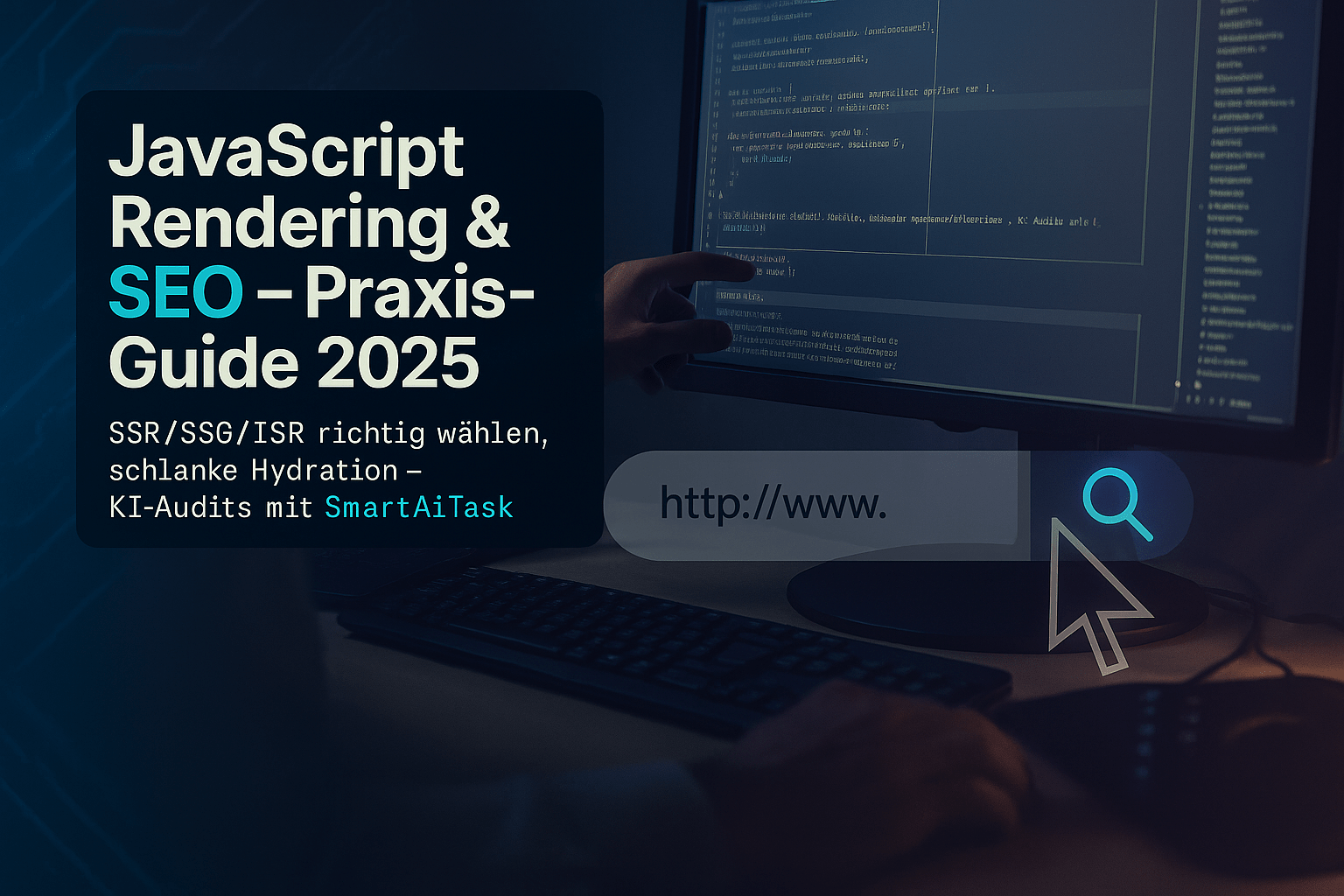 Bildschirm mit JavaScript-Code und einem Textfeld für eine URL, umgeben von einem modernen Arbeitsplatz. Der Titel des Bildes thematisiert SEO-Optimierung und Rendering-Strategien für Webanwendungen.