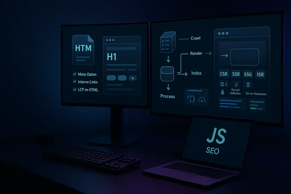 Architekturdiagramm zu JavaScript Rendering SEO, das die Prozesse von Crawl, Render und Index zeigt, sowie Elemente wie HTM, H1, Meta-Daten, interne Links und LCP im HTML umfasst. Darstellung auf zwei Monitoren mit dunklem Hintergrund und grafischen Elementen, die verschiedene Rendering-Modelle (CSR, SSR, SSG, ISR) abbilden.