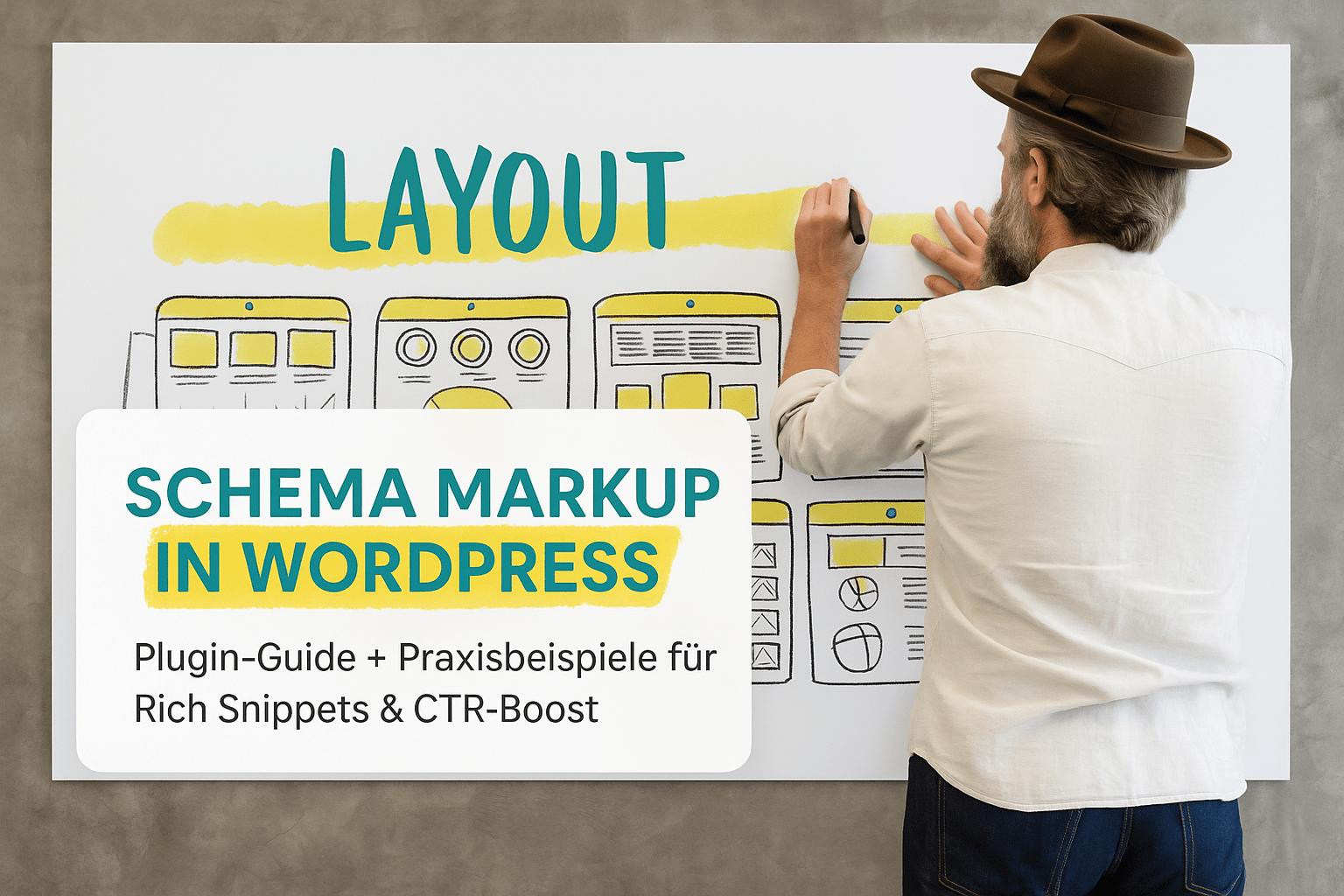 Mann zeichnet auf einer Tafel mit dem Titel "Schema Markup in WordPress", erklärt Plugins und Praxisbeispiele für Rich Snippets und CTR-Boost.