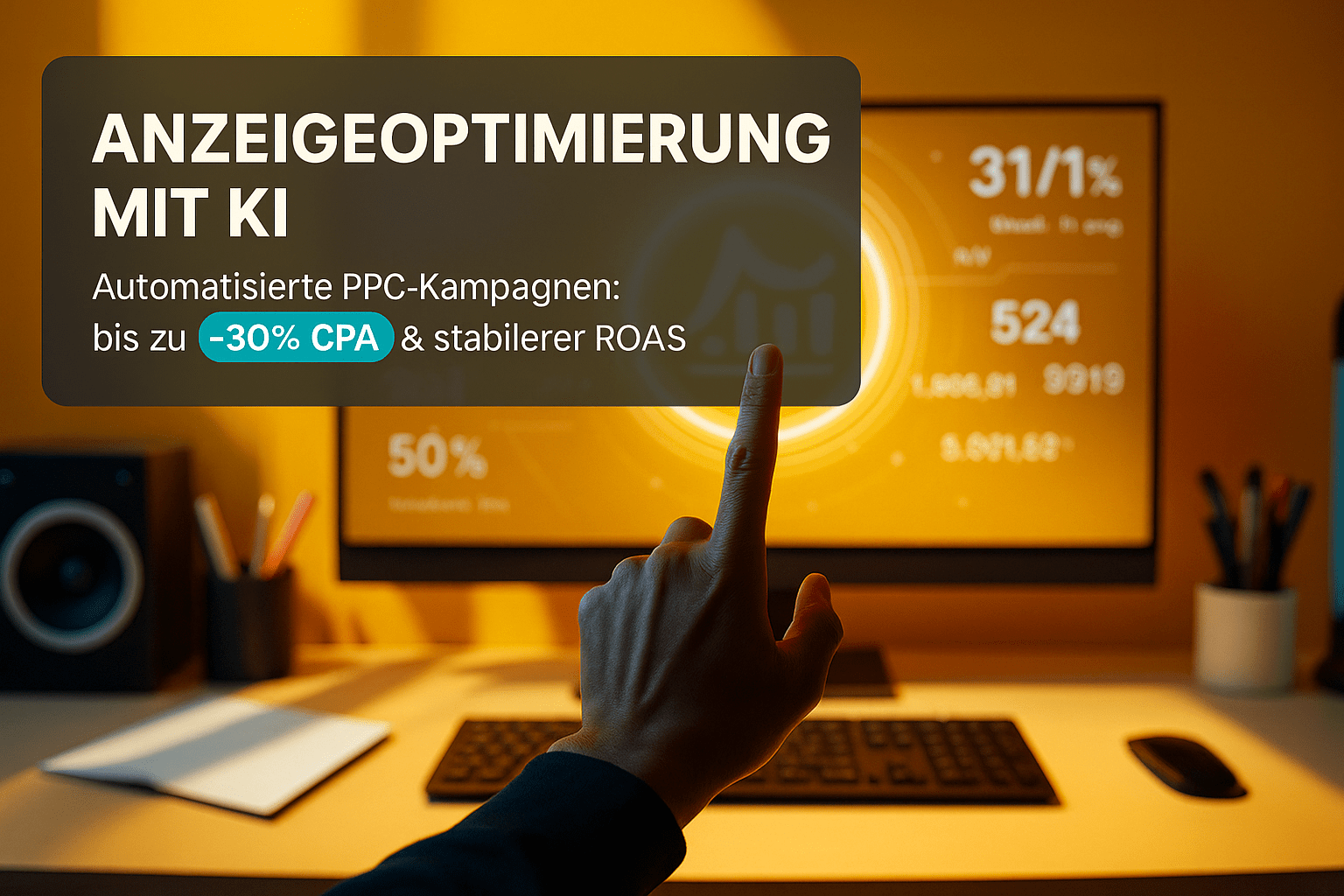 Automatisierte PPC-Kampagnen mit KI zur Anzeigeoptimierung, visuelle Darstellung von Leistungskennzahlen wie CPA und ROAS.