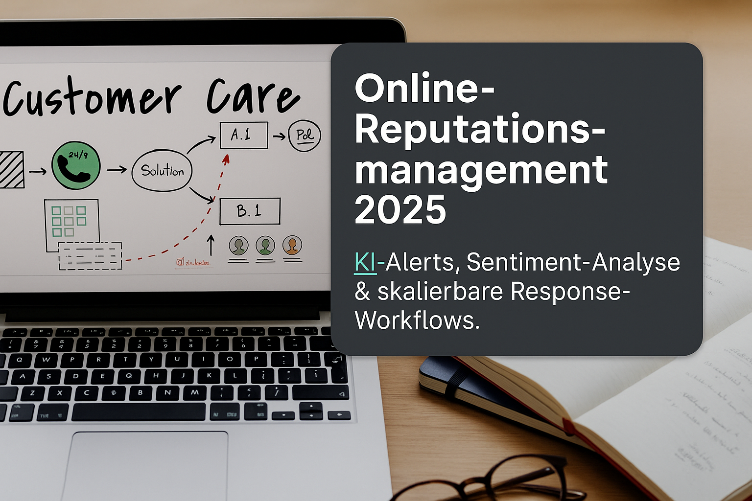 Diagramm zur Darstellung von Online-Reputationsmanagement 2025, fokussiert auf Kundenservice, KI-Alerts und Sentiment-Analyse mit Workflow-Diagrammen und Lösungen.
