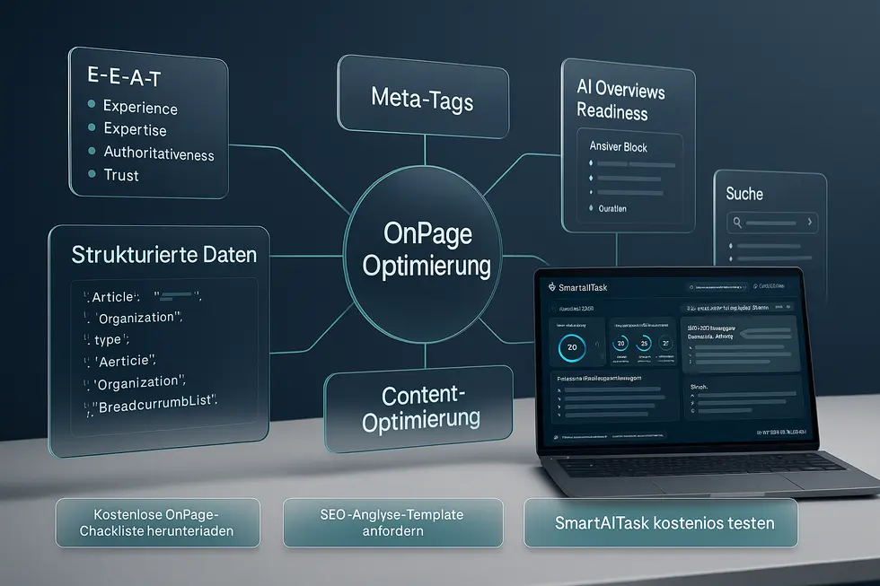 Visualisierung der OnPage Optimierung 2025, mit Fokus auf E-E-A-T, Meta-Tags, AI Overviews, strukturierte Daten und Content-Optimierung, dargestellt neben einem Laptop mit SmartAITask-Dashboard und Call-to-Action-Optionen zur Anforderung von Checklisten und Templates.