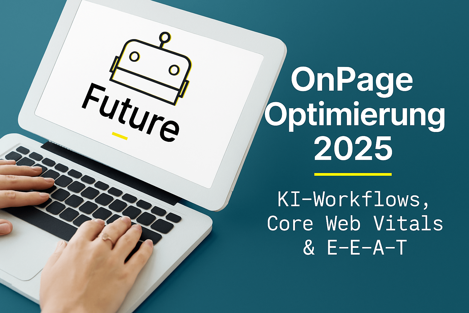 Laptop mit textlicher Darstellung von „OnPage Optimierung 2025“, das KI-gestützte Workflows, Core Web Vitals und E-E-A-T thematisiert, während eine Hand auf der Tastatur liegt.