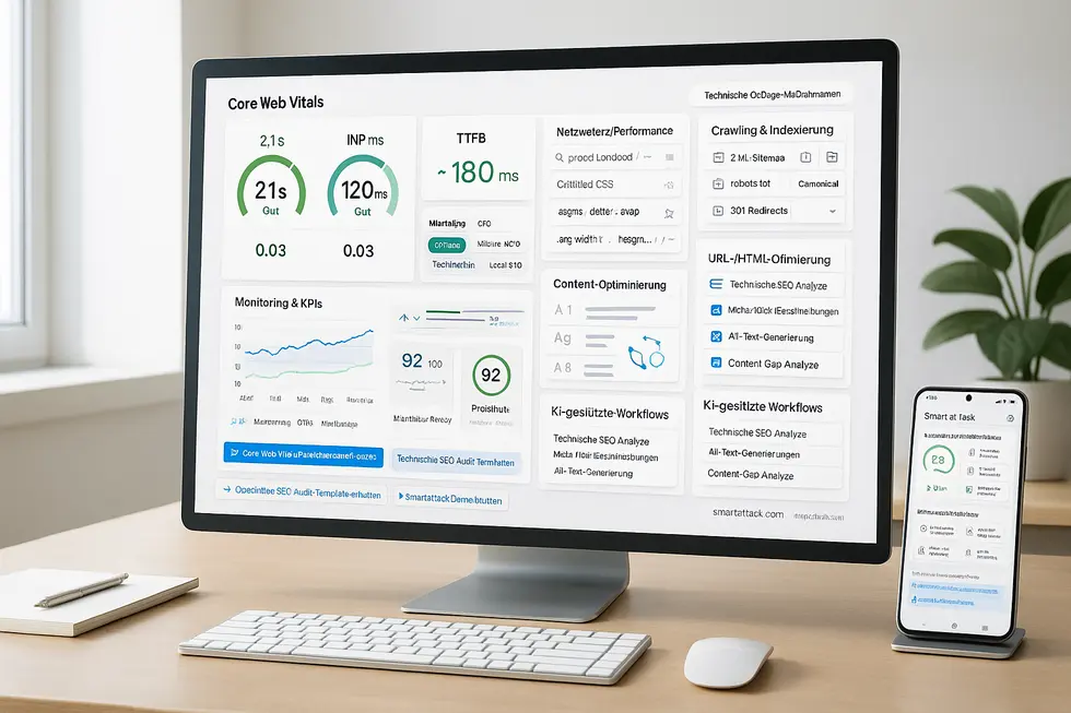 Dashboard zur Analyse der Core Web Vitals mit Metriken wie LCP, INP und TTFB, sowie technischen SEO-Elementen und KPIs auf einem Desktop-Monitor, ergänzt durch ein Smartphone mit einer mobilen Ansicht von Smart at Task.