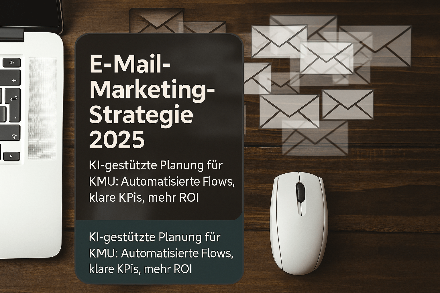 E-Mail-Marketing-Strategie 2025 mit KI-gestützter Planung für KMU, automatisierte Flows und klare KPIs, dargestellt auf einem Schreibtisch mit Laptop und Computermaus.