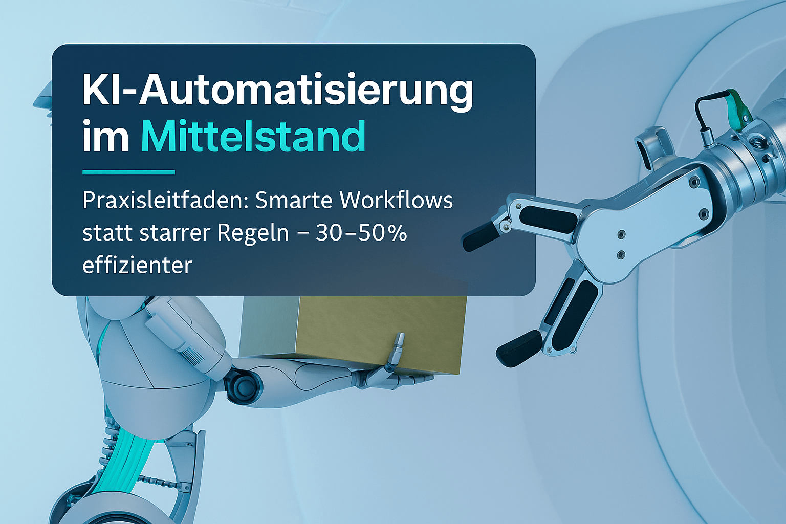 Roboterarm hebt ein Paket und interagiert mit einem anderen Roboterarm, begleitet von dem Text "KI-Automatisierung im Mittelstand: Praxisleitfaden für smarte Workflows statt starrer Regeln – 30-50% effizienter".