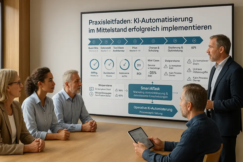 Moderne Geschäftspräsentation zur KI-Automatisierung im Mittelstand, mit einem Bildschirm im Hintergrund, der einen Praxisleitfaden zeigt, inklusive KPIs, Mini-Cases, Stolpersteinen und der Darstellung der Plattform SmariAiTask sowie vier Personen, die aufmerksam zuhören und an einem Tisch sitzen.