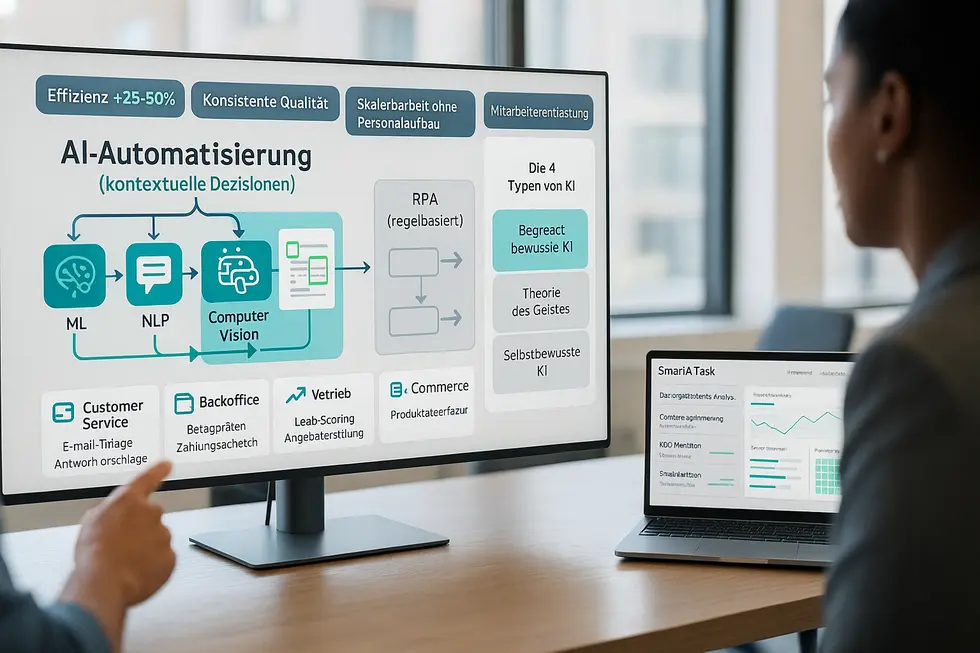 Infografik zur KI-Automatisierung mit Schaubild, das die Vorteile von KI im Vergleich zur klassischen RPA darstellt, einschließlich Effizienzsteigerung, Konsistenz und Skalierbarkeit. Zeigt verschiedene Anwendungsfälle wie Customer Service, Backoffice, Vertrieb und E-Commerce sowie die vier Typen von KI. Am unteren Bildschirmrand befindet sich ein Laptop, der zusätzliche Datenanalysen und Präsentationen anzeigt.