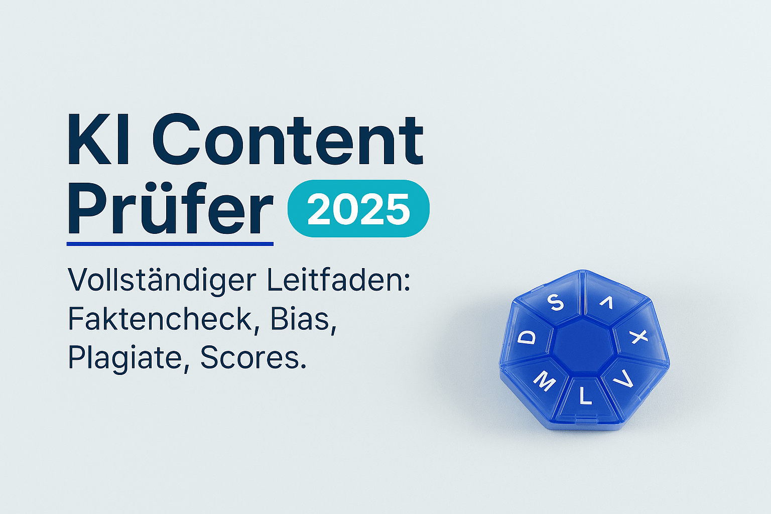 Grafik mit dem Titel "KI Content Prüfer 2025", die wichtige Themen wie Faktencheck, Bias, Plagiate und Scores hervorhebt, begleitet von einem blauen, sechseckigen Icon mit Buchstaben.