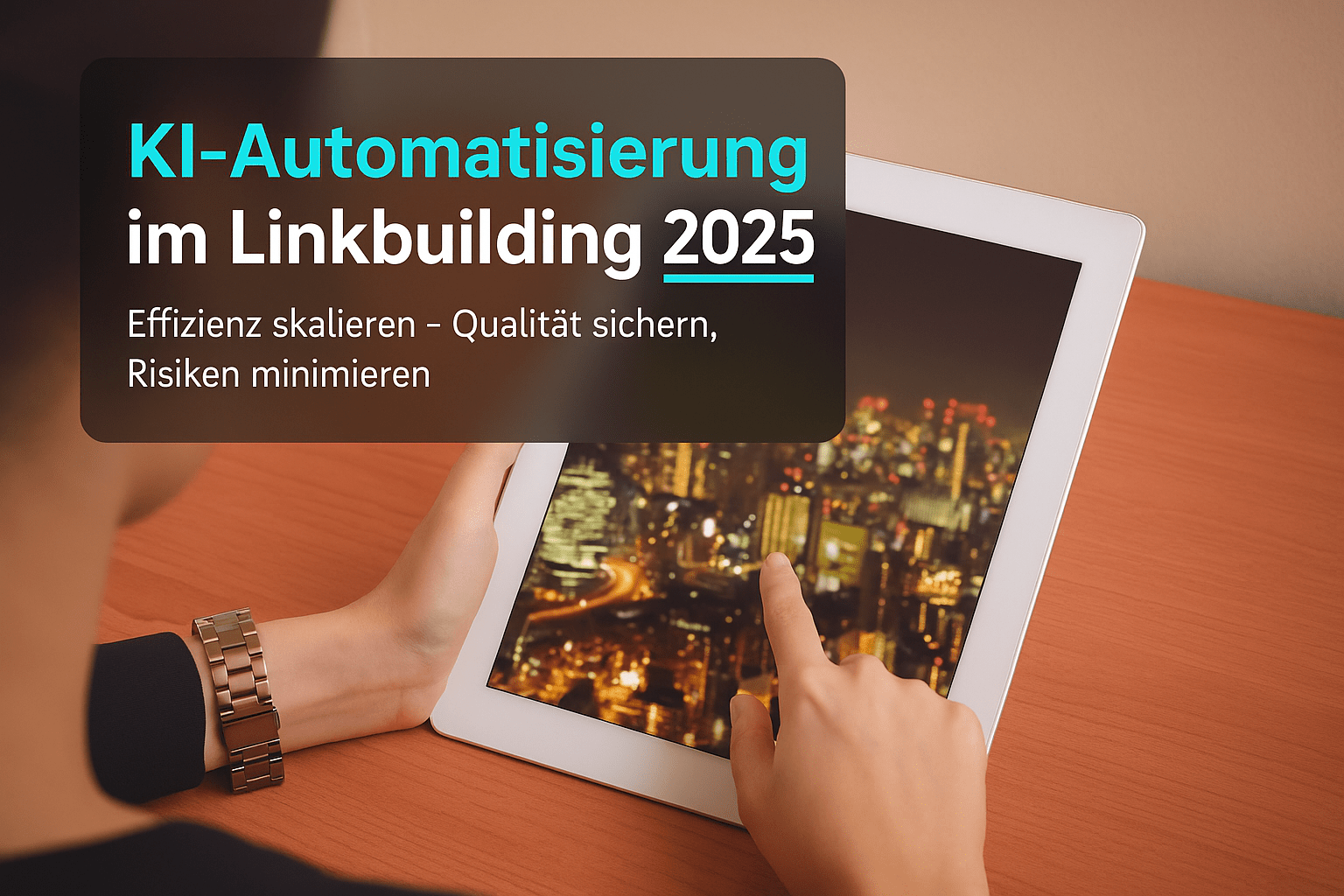 Tablet mit einer städtischen Nachtansicht im Hintergrund und einem Textfeld, das über KI-Automatisierung im Linkbuilding im Jahr 2025 informiert. Der Text hebt die Themen Effizienzsteigerung, Qualitätssicherung und Risikominimierung hervor.