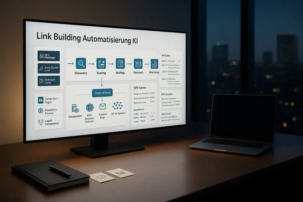 Isometrische Darstellung eines Workflow-Plans für die Link Building Automatisierung mittels KI, inklusive Schritte wie Discovery, Scoring, Briefing, Outreach und Monitoring; visuelle Elemente zeigen Datenquellen, QA-Gates und KPI-Dashboards, präsentiert auf einem Monitor vor einer modernen Büroeinrichtung mit einem Laptop und Notizmaterial auf einem Schreibtisch.