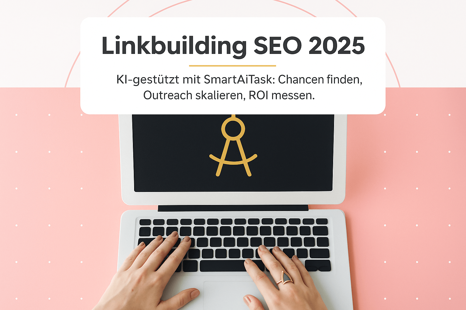 Linkbuilding SEO 2025: Laptop mit geöffnetem Bildschirm, darauf das Symbol für kreative Strategie. Fokus auf Hand, die auf die Tastatur tippt, vor rosa Hintergrund.